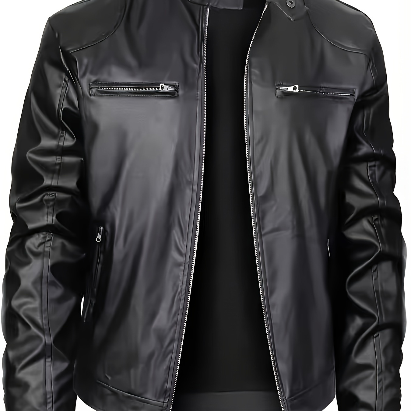 

Men's Plus Size Slim Fit Leather Jacket With Stand Collar, Zip-up & Pockets - Vintage Style Motorcycle Biker Outerwear, Plus Size