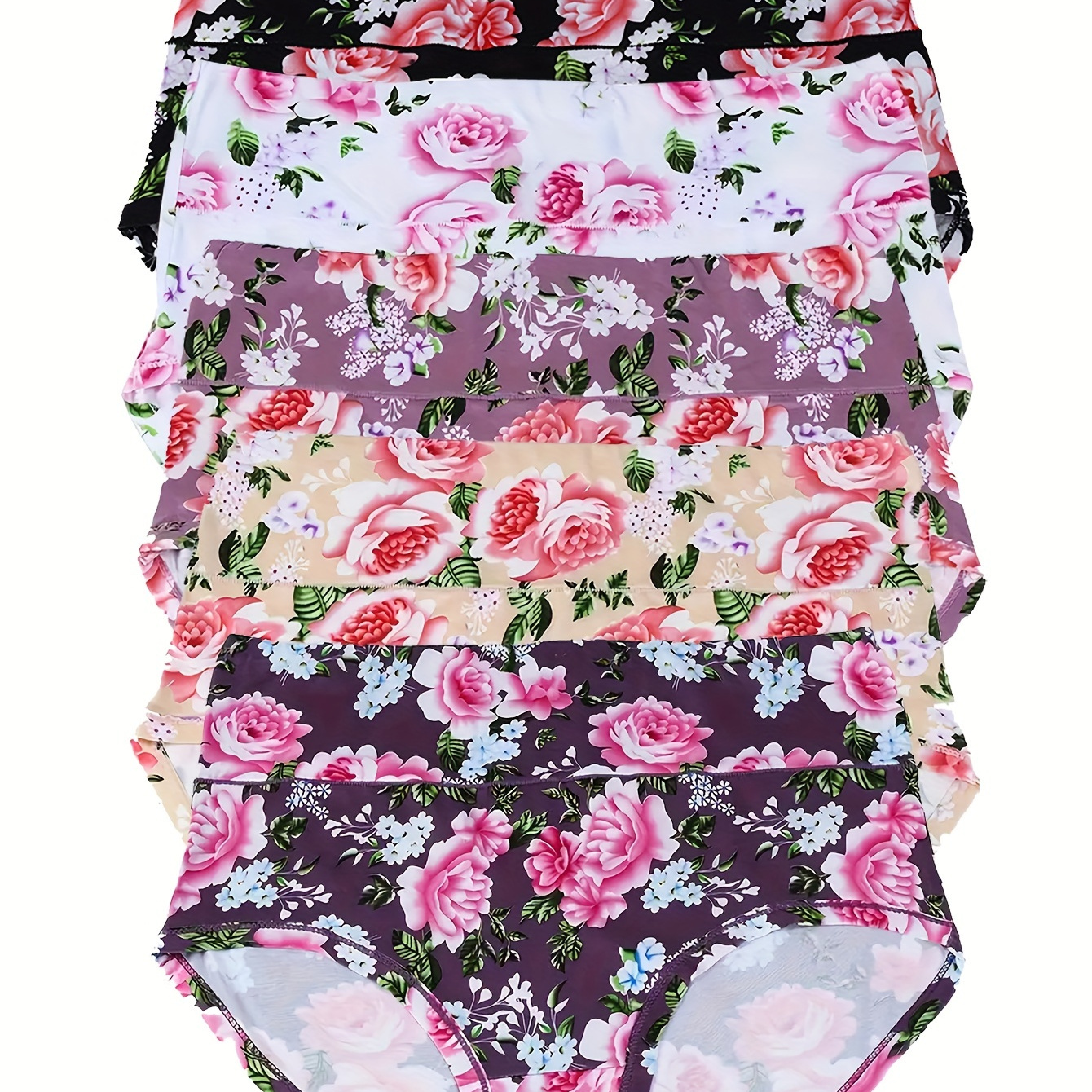 

5 Pack Women's Elegant Panties Set, Plus Size Floral Print High Rise Breathable Soft Briefs 5pcs Set
