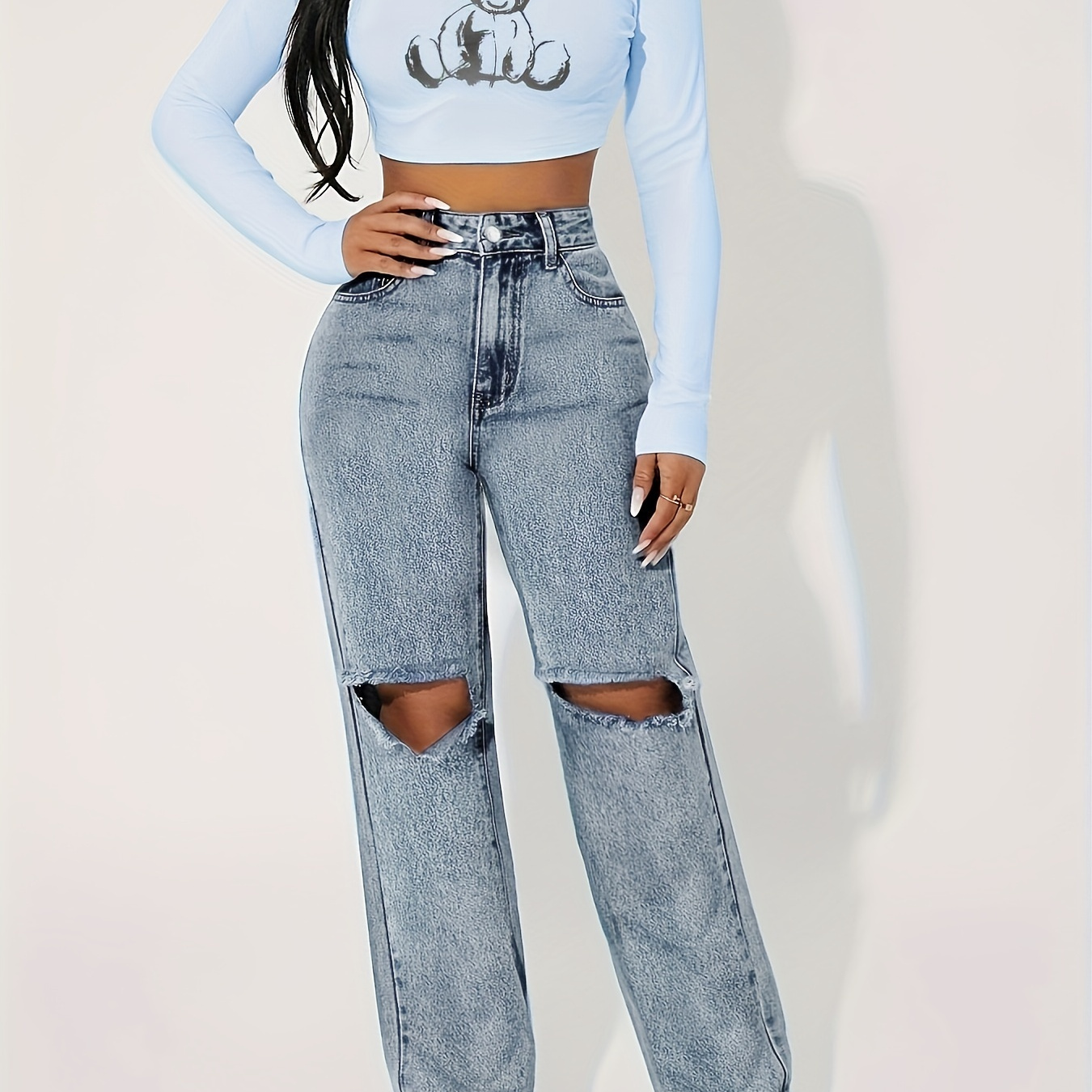 

Acid Wash High-rise Blue Jeans, Distressed Loose Fit Straight Leg Knee Ripped Jean Pants, Women's Clothing & Denim
