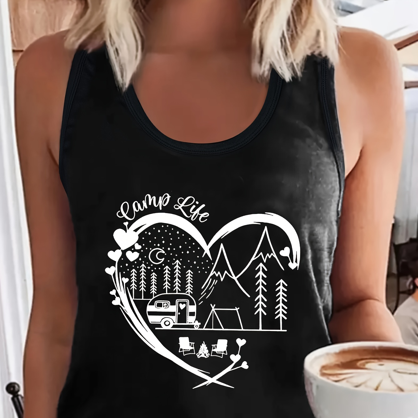 

Camp Life Print Crew Neck Tank Top, Sleeveless Casual Top For Summer & Spring, Women's Clothing