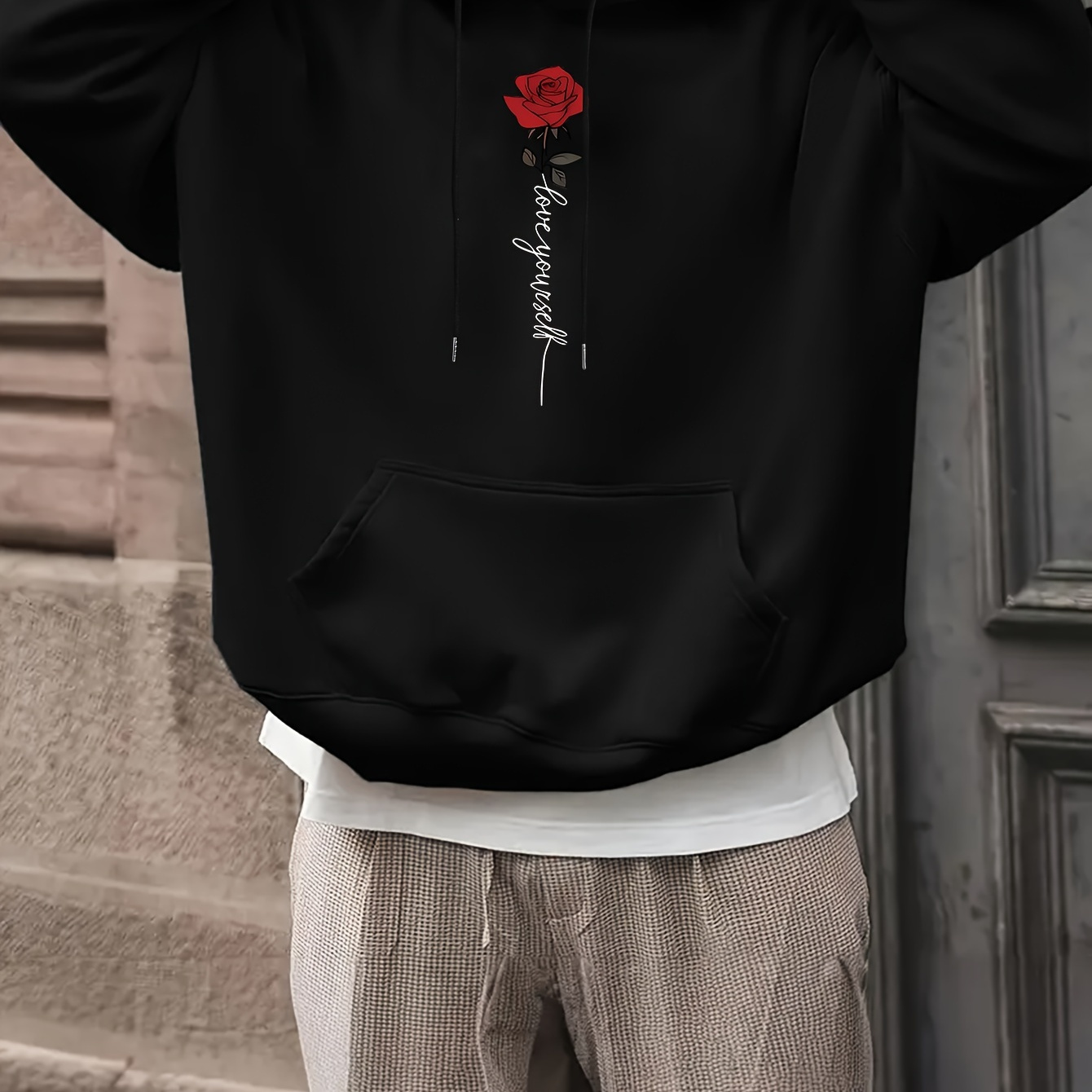 

Men's Casual Hoodie With Geometric Pattern And Rose Embroidery - 100% Polyester Knit Fabric, Long Sleeve Hooded Sweatshirt With Pocket, Stretch, Regular Fit For Spring/fall - 1 Count