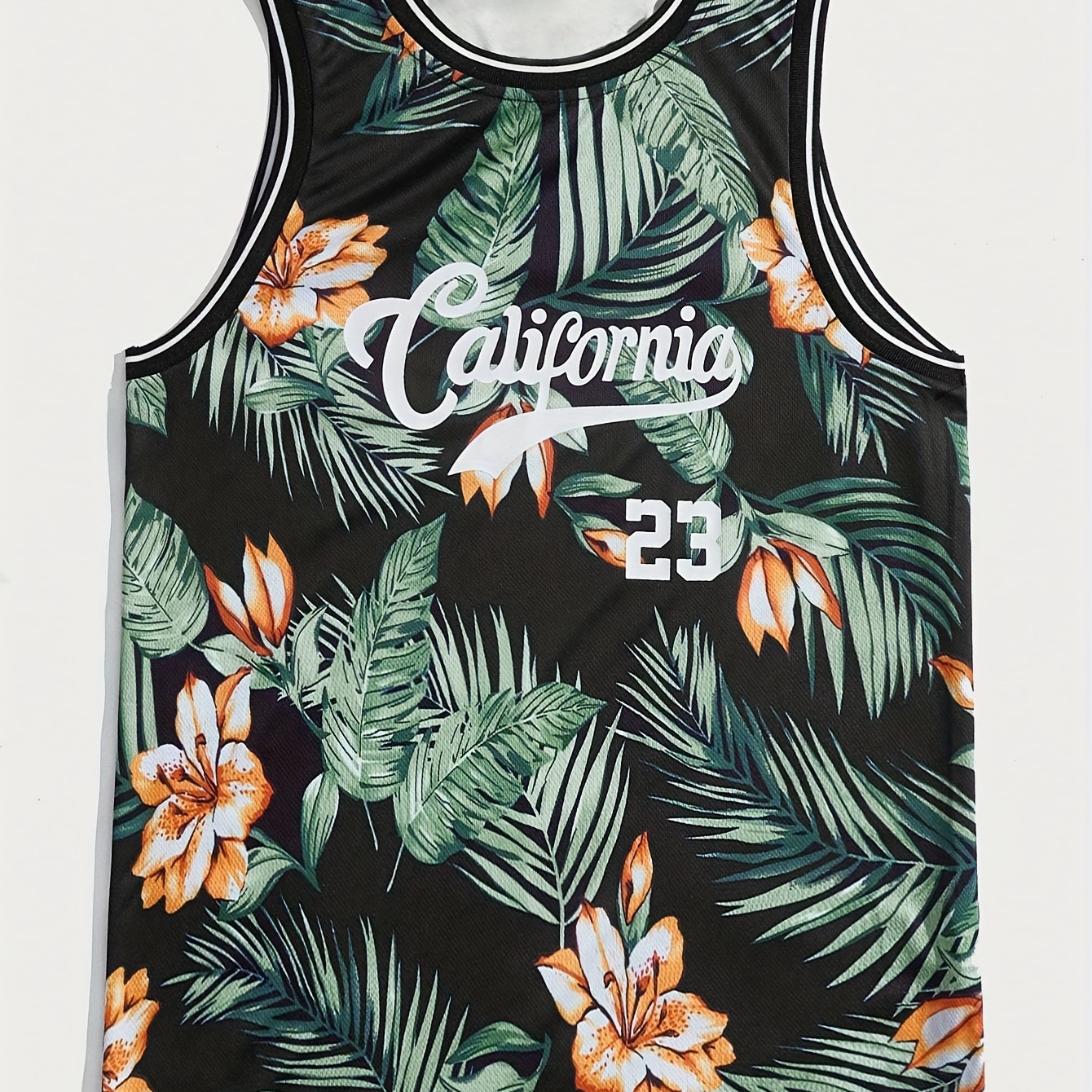 

Tropical Leaves And Letter Pattern Men's Fashion Tank Top For Summer Beach Vacation, Men's Breathable Lightweight Sports Top