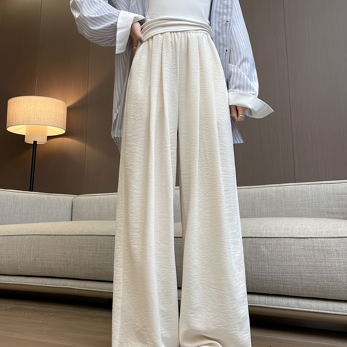 

Textured Solid Color Wide Leg Pants, Casual Loose Fit Pants For Spring & Summer, Women's Clothing