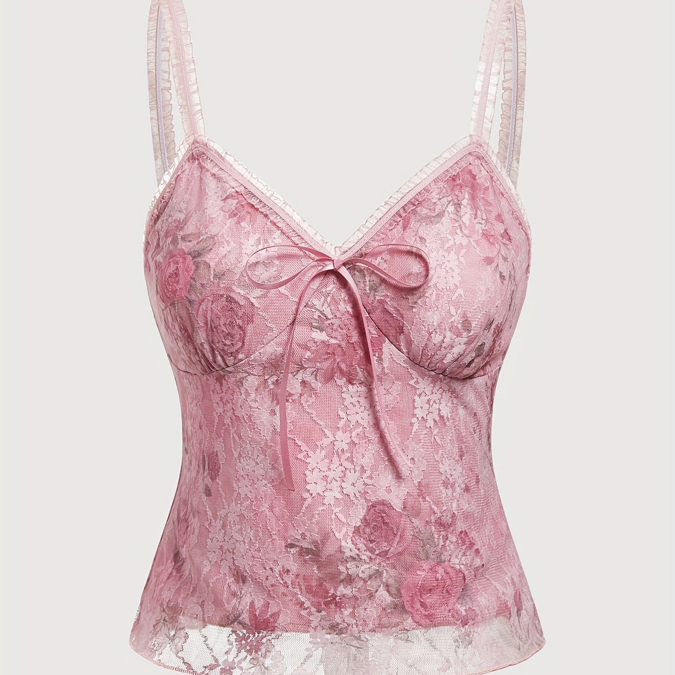 

Y2k-inspired Women's Lace Rose Print Cami Top With Bow Detail - V-neck, Stretchy Polyester , Wear