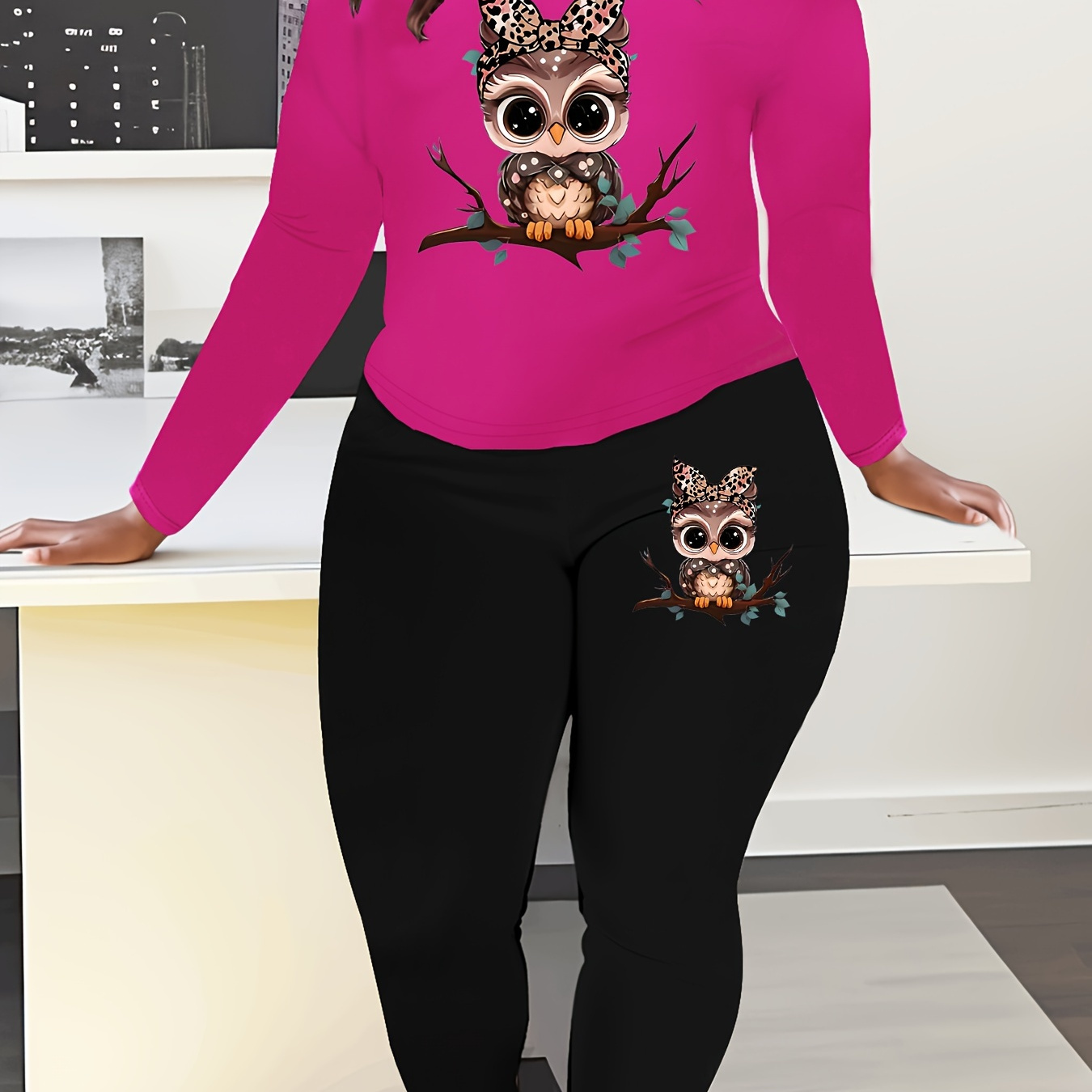 

Plus Size Owl Print Casual Two-piece Set, Crew Neck Long Sleeve Top & Pants Outfits For Spring & Fall, Women's Plus Size Clothing