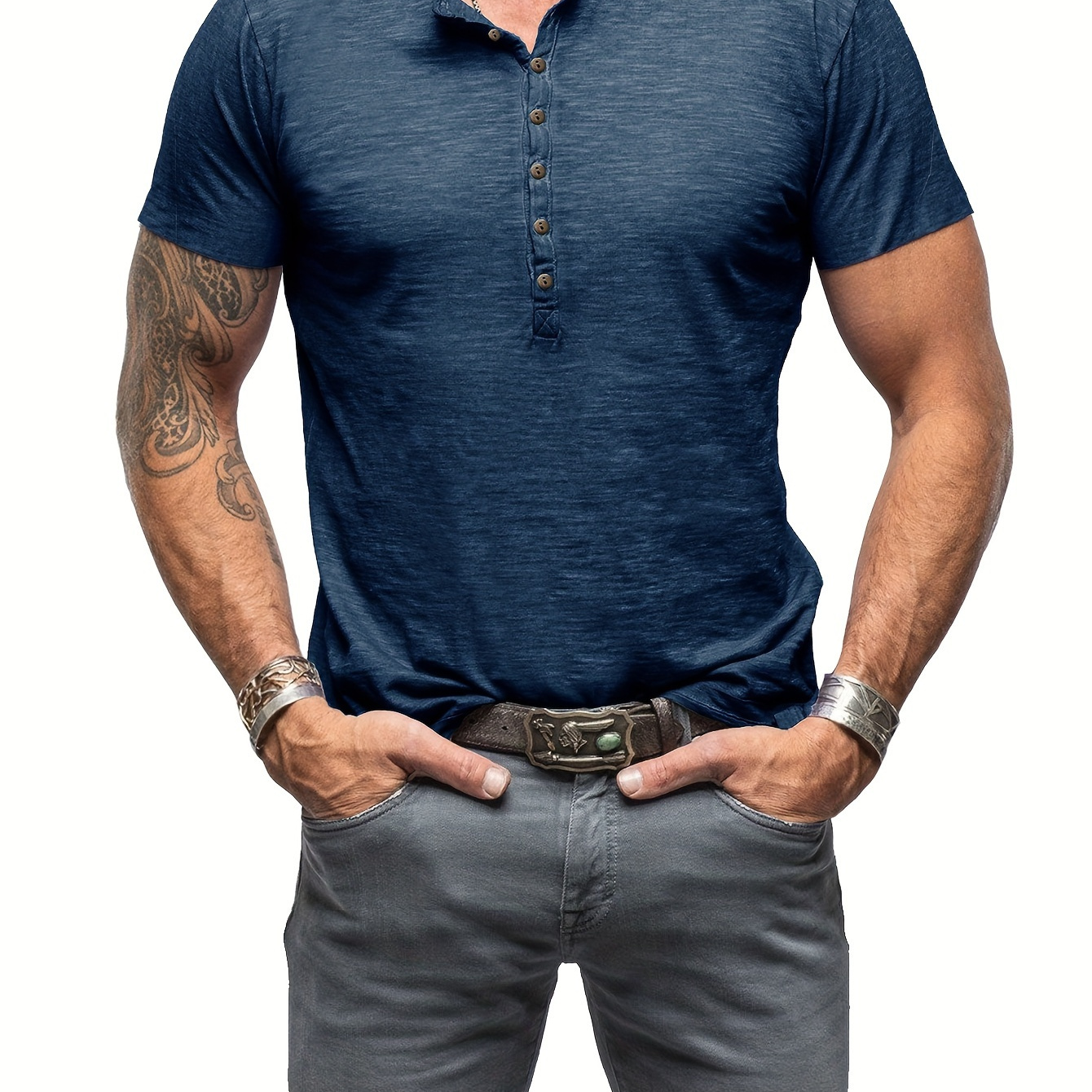 

Solid Cotton Comfy Men's Short Sleeve Round Neck Henley T-shirt, Summer Outdoor Sports