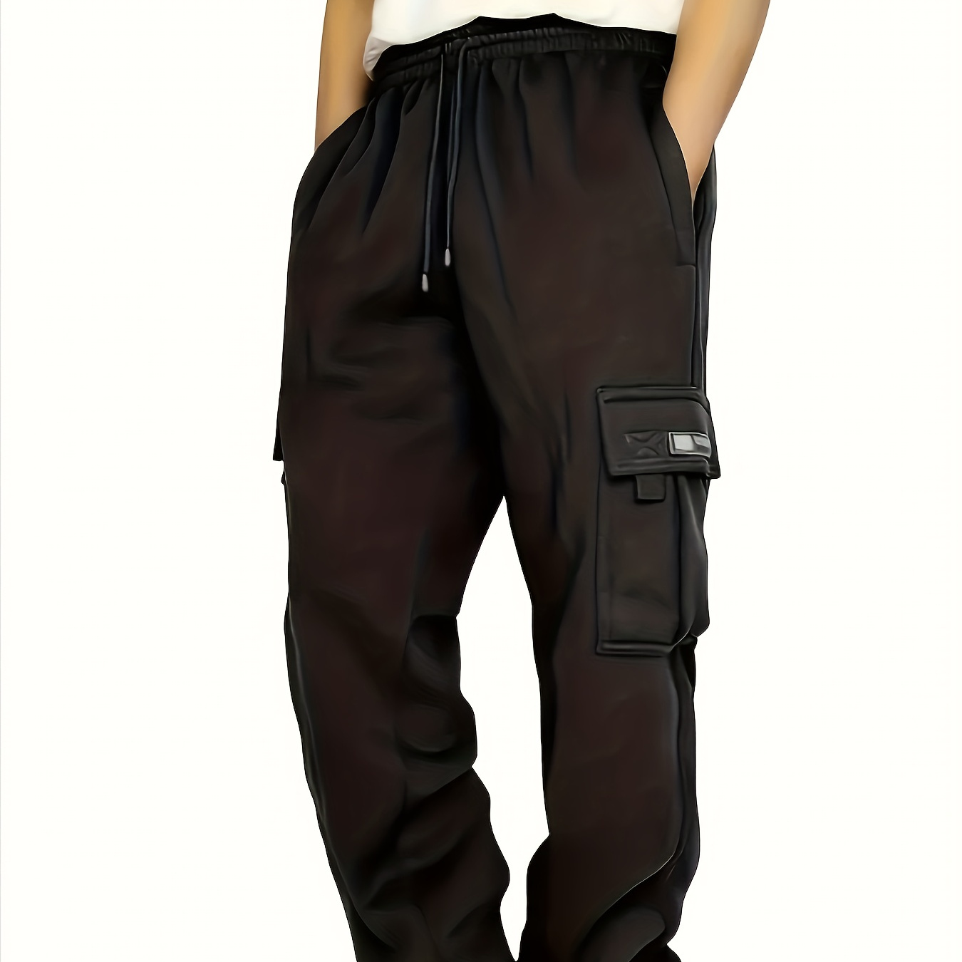 

Men' Color Fleece Lining Cargo Pants, Casual Comfy Loose Fit Warm Outdoor Trousers For Autumn And Winter As Gift