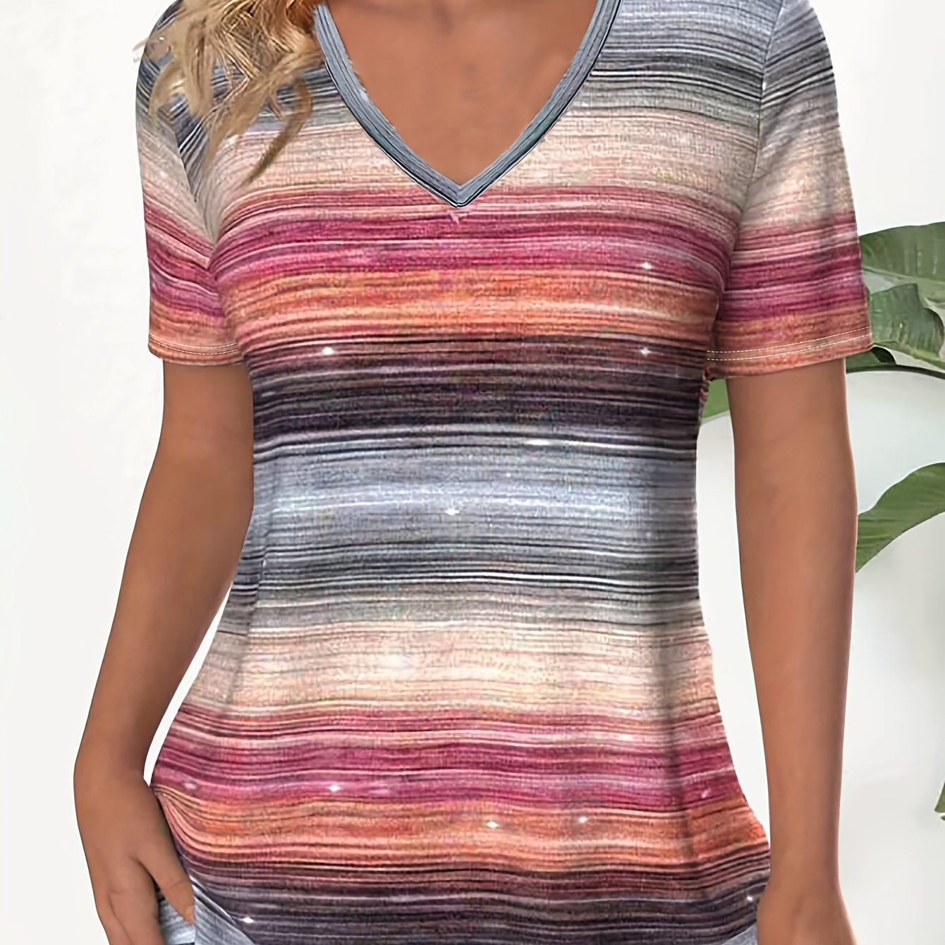 

Stripe Print V Neck T-shirt, Casual Short Sleeve T-shirt For Spring & Summer, Women's Clothing
