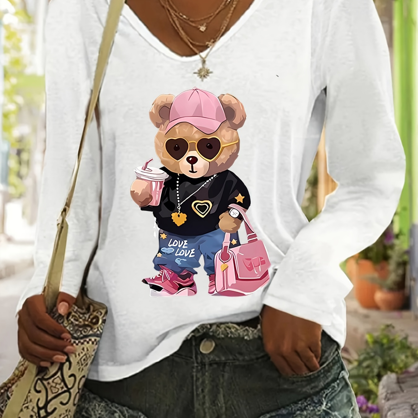 

Women's Cute Cartoon T-shirt - Casual Long Sleeve V-neck Top, Stretchy Polyester , Machine Washable - Spring/summer/fall, Autumn Casual Outfit| Top|machine Washable Fabric, Bear T Shirt