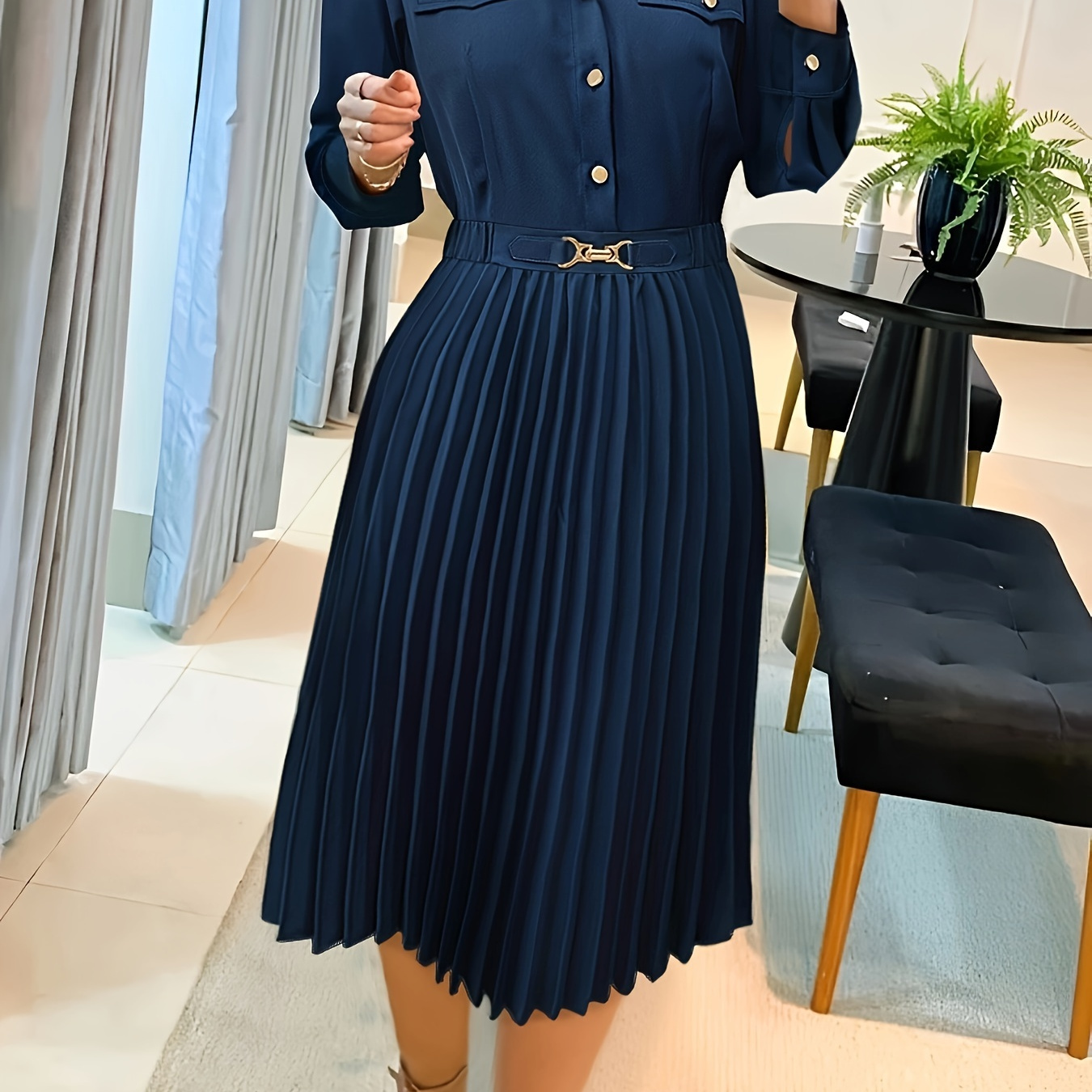 

1pc Elegant Pleated Long Sleeve Dress For Women With Lapel Collar And Chain Detail, Polyester Woven A-line Style, Solid Color For Spring/fall