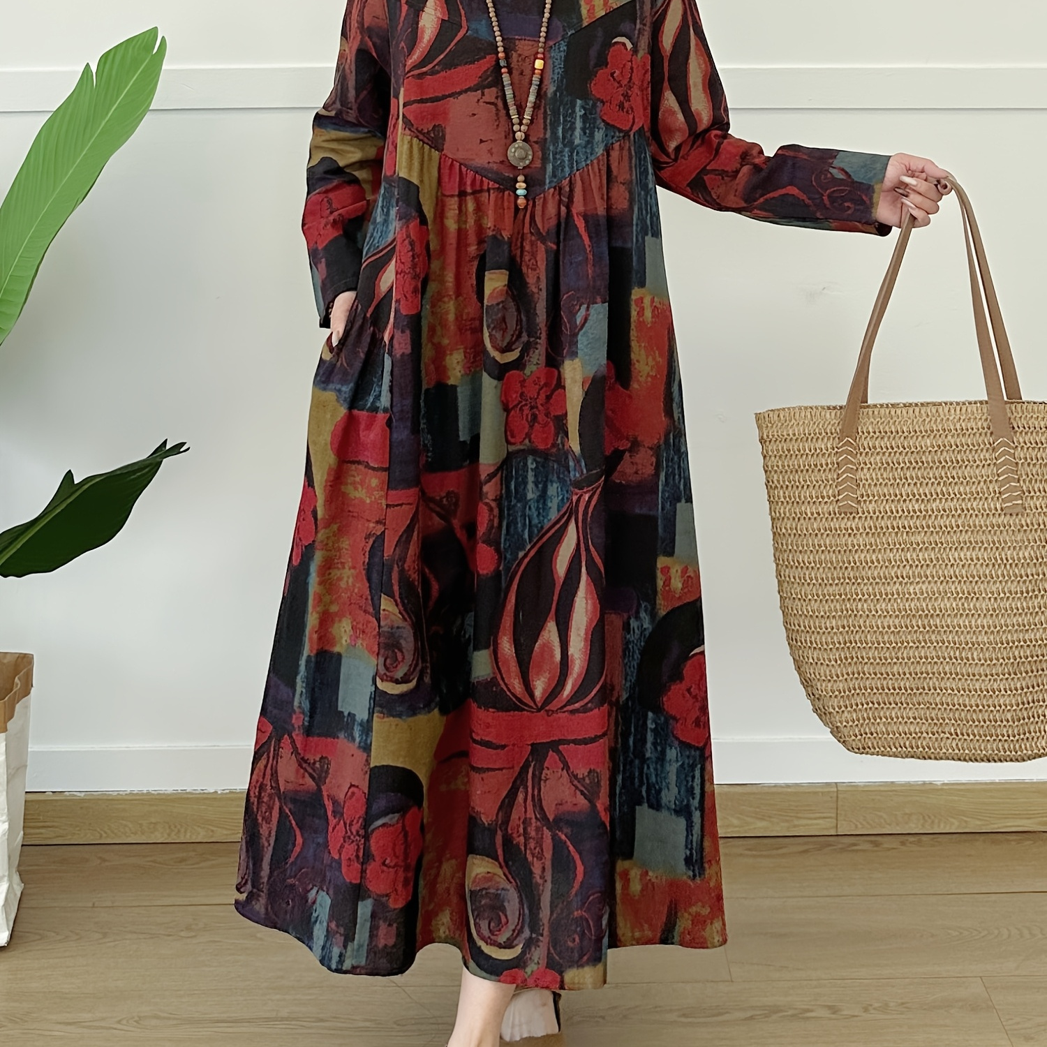 

Vintage-inspired Linen Long Sleeve Round Neck Dress With Tie-dye Print, Loose Fit Dress For Women, Spring/summer/fall