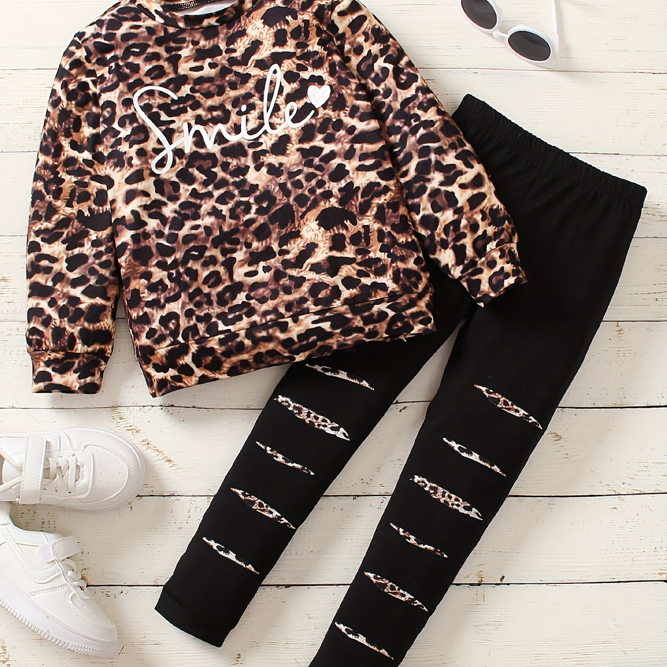 

Girl's Leopard Pattern Outfit 2pcs, Sweatshirt & Ripped Legging Set, Smile Print Kid's Clothes For Spring Fall