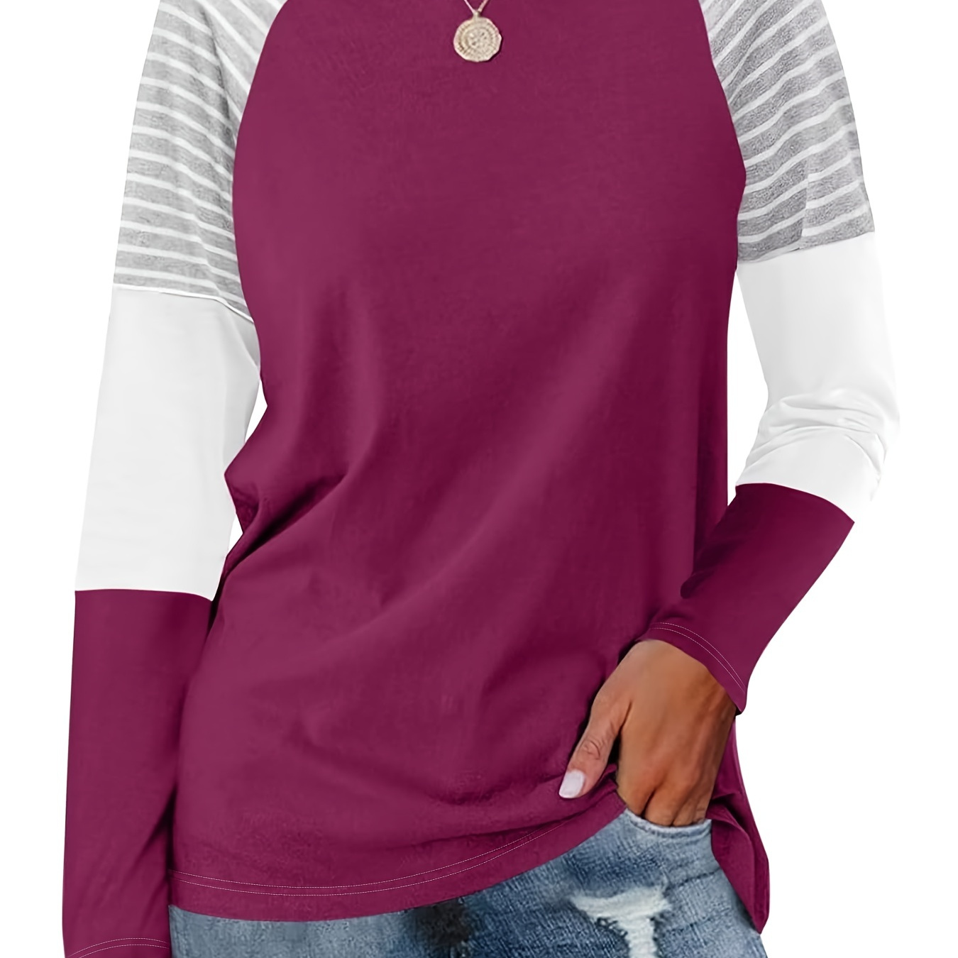 

Stripe Print Colorblock Crew Neck T-shirt, Casual Long Sleeve Top For Spring & Fall, Women's Clothing