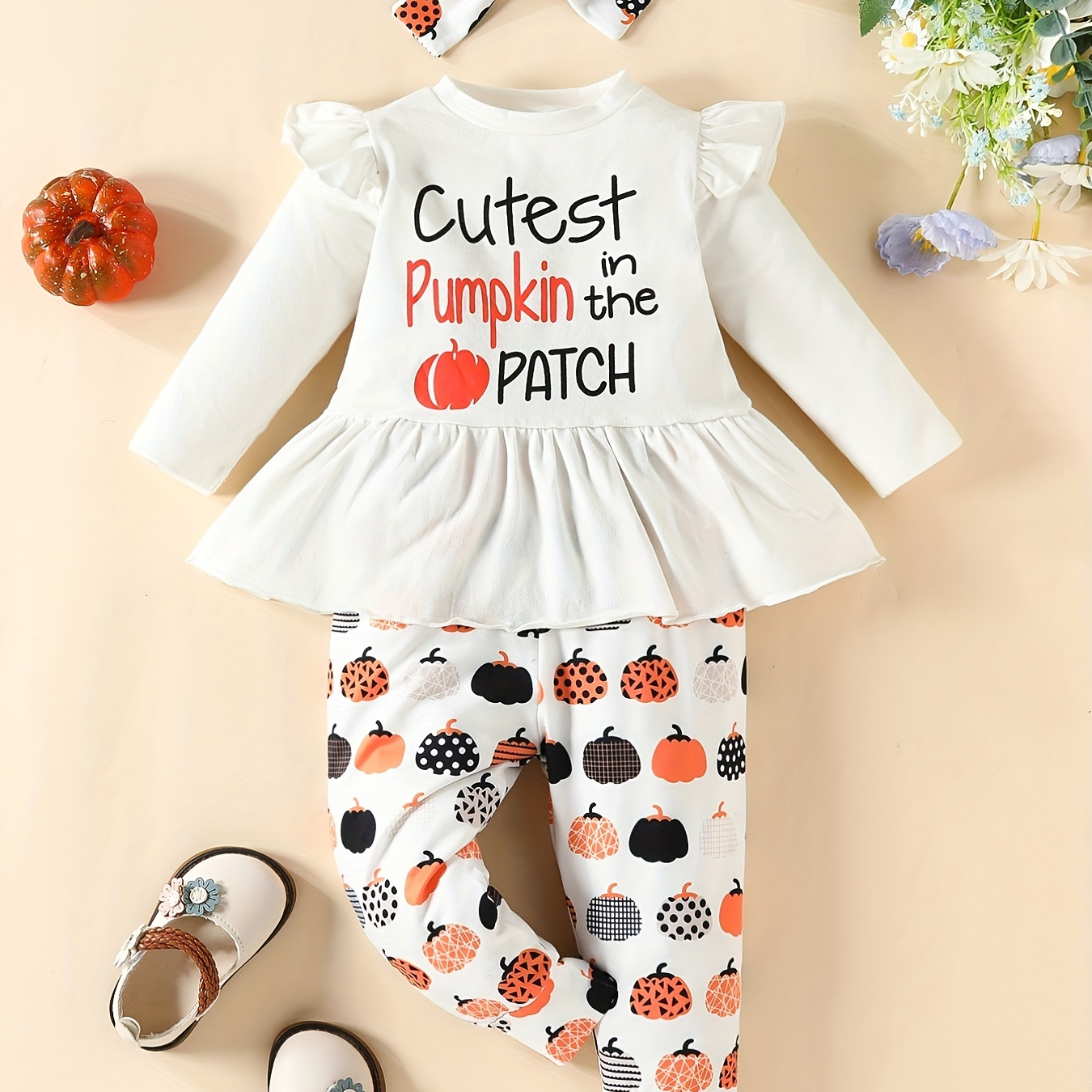 

Baby Girls Cute Outfit - Halloween Print Trousers & Ruffle Hem Long Sleeve Top & Headband 3pcs Set