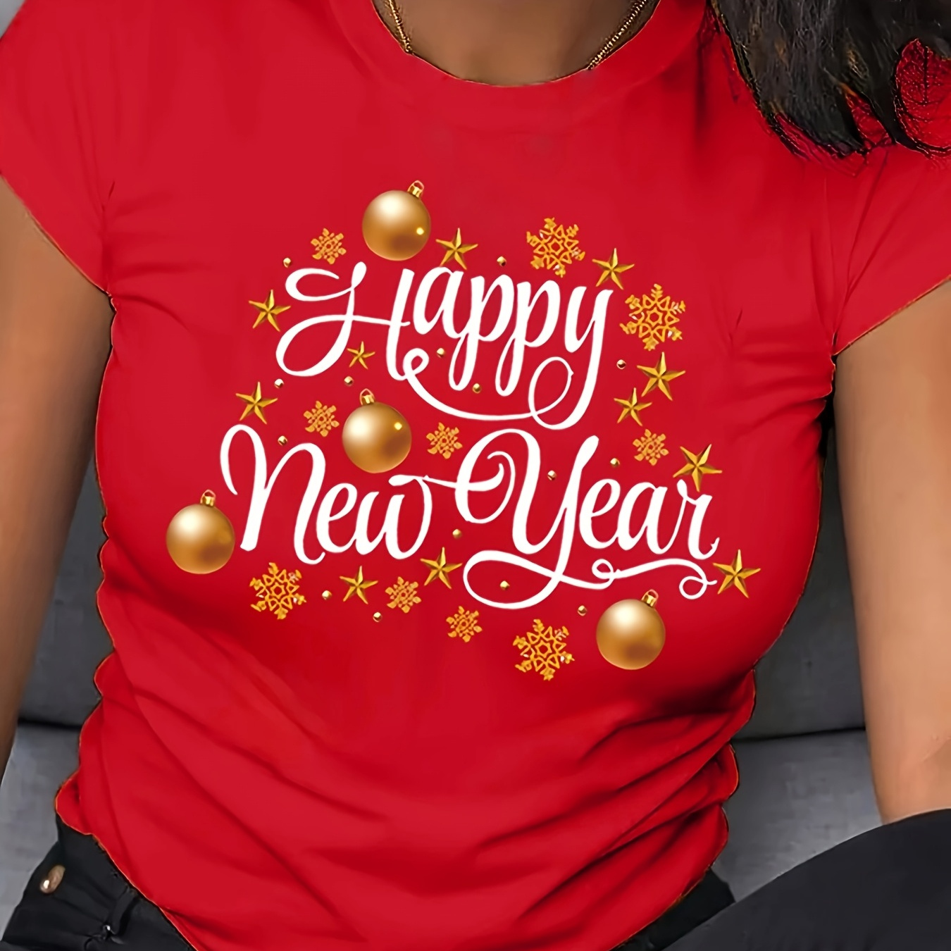 

1pc Women' New Year 2025 T-shirt - Casual Crew Neck Short Sleeve Top With Alphabet Print, Breathable Polyester Knit Fabric, All Season Wear