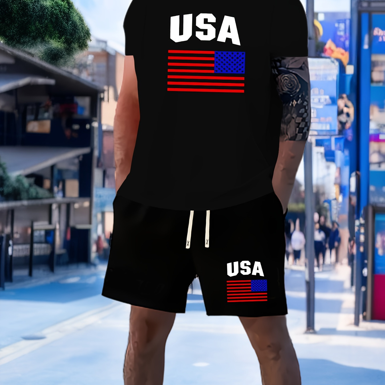 

Usa Print Men's Short Sleeve T-shirt & Drawstring Shorts 2pcs Casual Sports Regular Top Pants Suit Outfits For Spring Summer