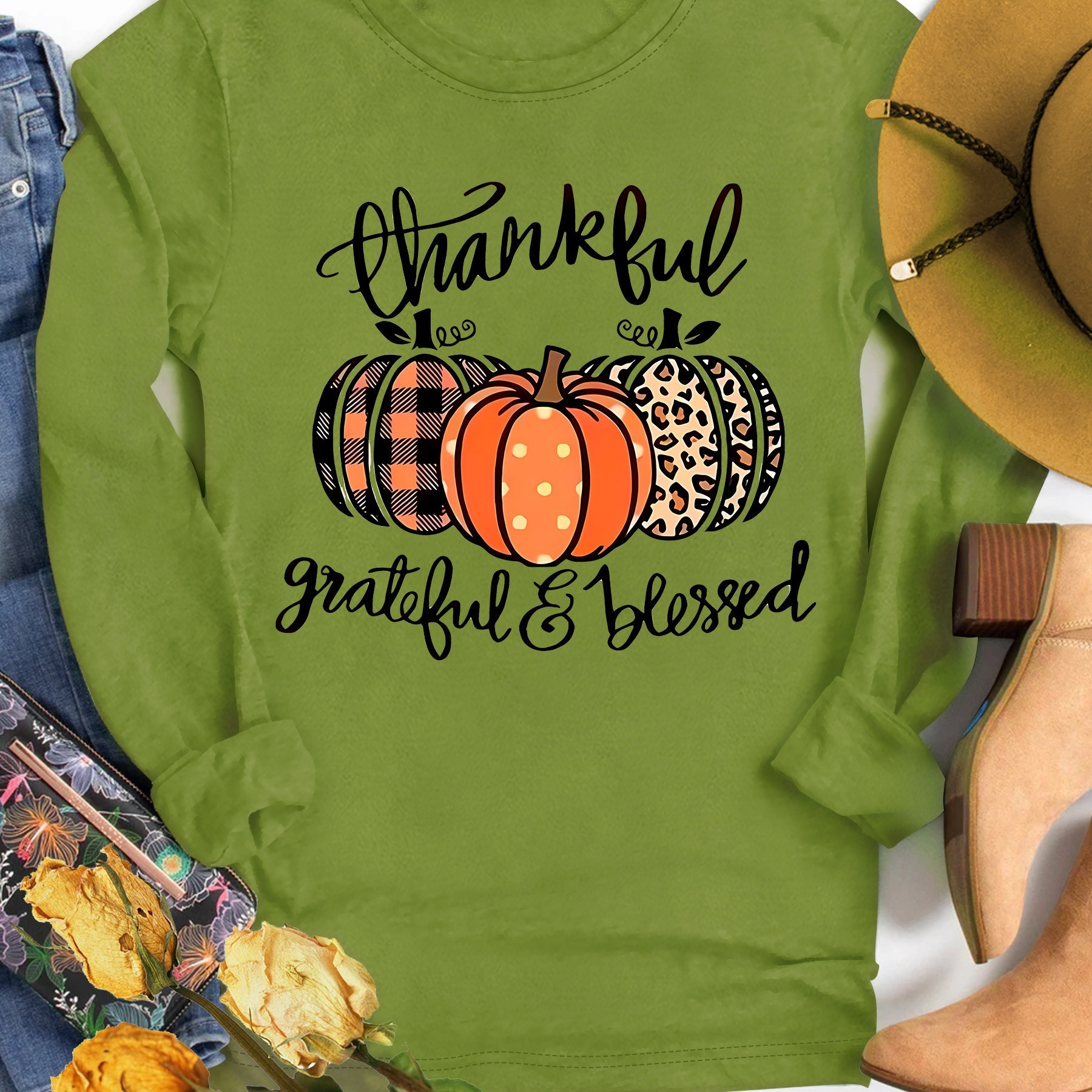 

Pumpkin Graphic Print, Long Sleeve Crew Neck Design Casual Sports Top For , Women's Clothing