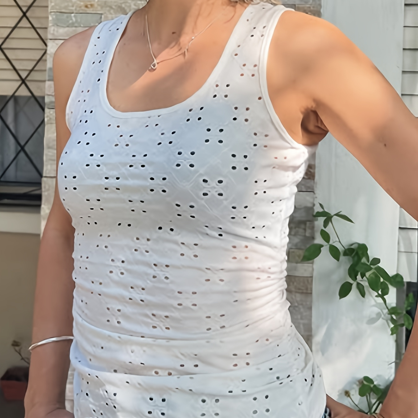 

Elegant White Eyelet Tank Top For Women - Chic Square Neck, Sleeveless & Ruched Design, Breathable Polyester-spandex Blend, Spring/summer Casual Wear