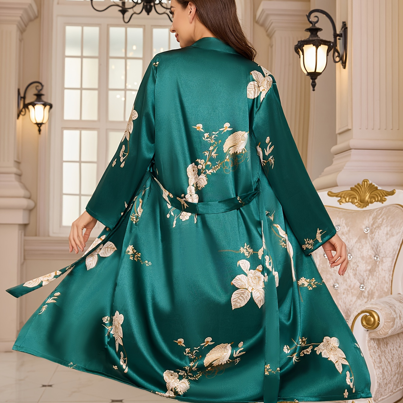 

Elegant Floral Print Satin Night Robes, Long Sleeve Longline Robe With Belt, Women's Loungewear & Sleepwear