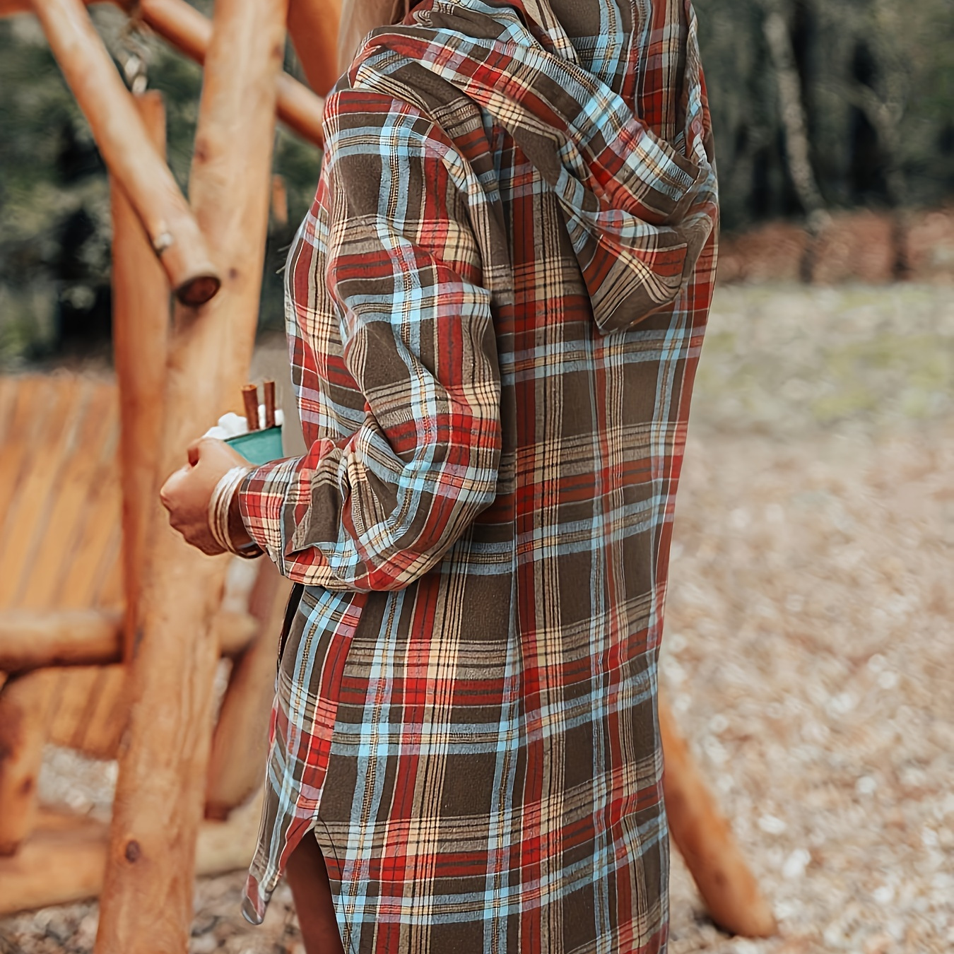 

Checkered Drawstring Shirt, Elegant Long Sleeved Kangaroo Pocket Shirt, Long Sleeved Button Down Casual Shirt, Women's Flannel Shirt, Long Sleeved Rolled Up Casual Button Up Shirt, Women's Clothing