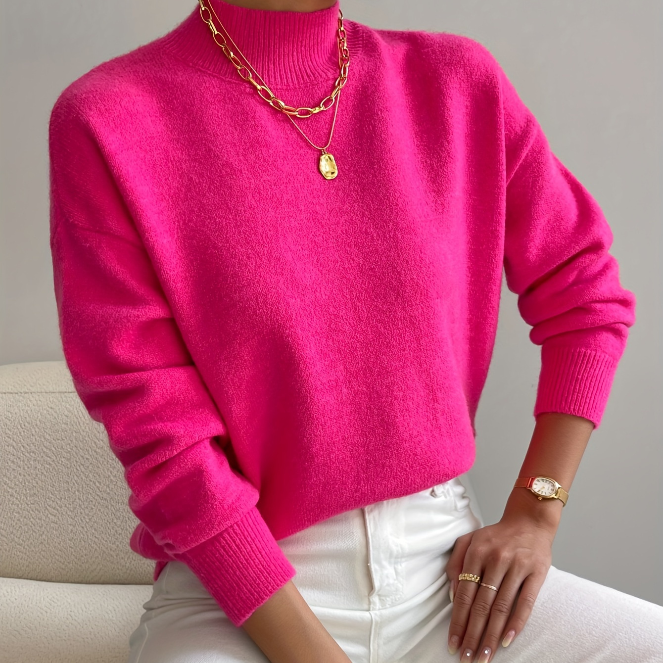 

Drop Shoulder Mock Neck Knitted Sweater, Versatile Long Sleeve Solid Simple Sweater, Women's Clothing