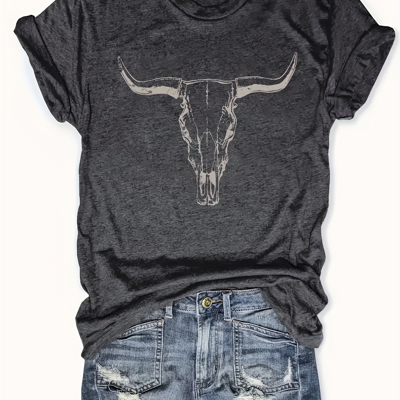 

Women's Chic Gray T-shirt With Cow Skull Print - Comfortable Polyester & Spandex , Casual Short Sleeve Round Neck Top For Casual Attire, Ladies T Shirts