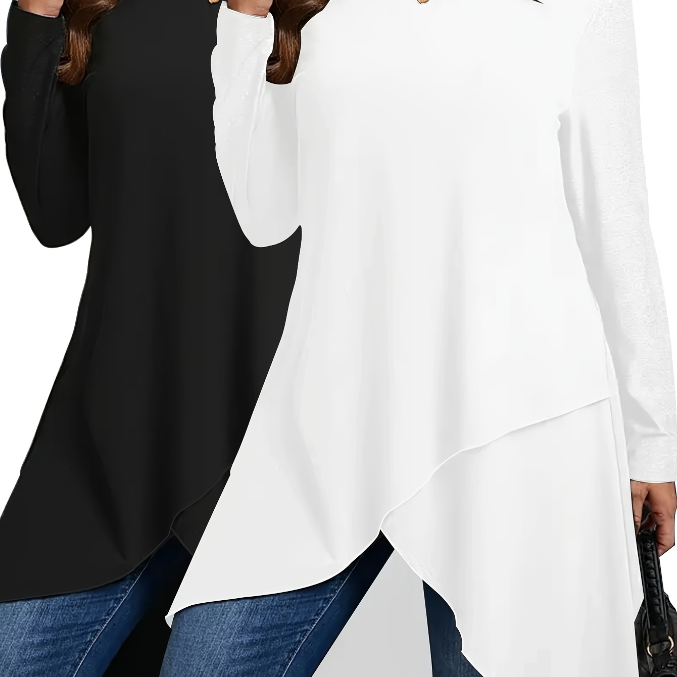 

2pcs Solid Color Long Sleeve T-shirt, Crew Neck Polyester Tops With Slight Stretch, Women's Clothing For Spring/summer/fall