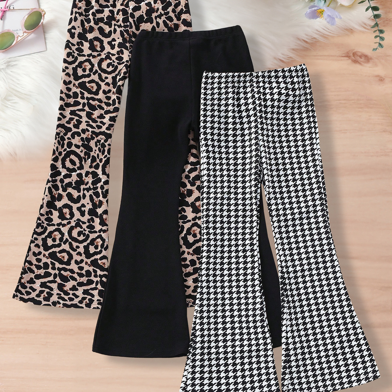 

Tween Girls 3pcs/set Stretchy & Fit Houndstooth/solid Colored/leopard Print Flared Pants For Spring & Summer