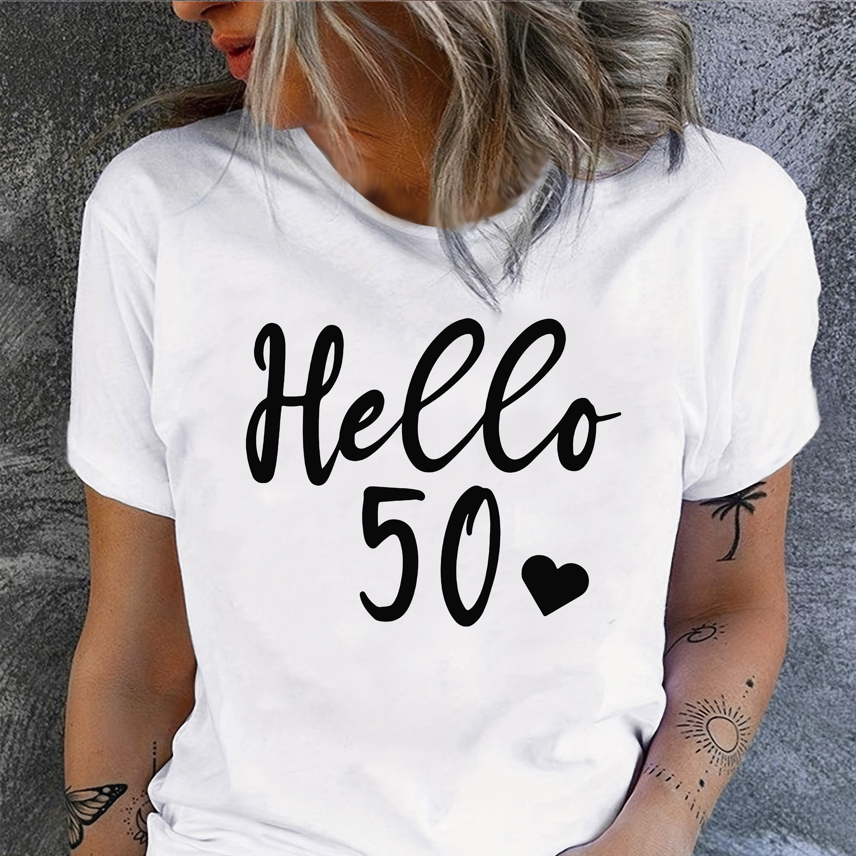 

Hello 50" Graphic Tee For Women - Casual Crew Neck Short Sleeve T-shirt, Breathable Polyester , Machine Washable