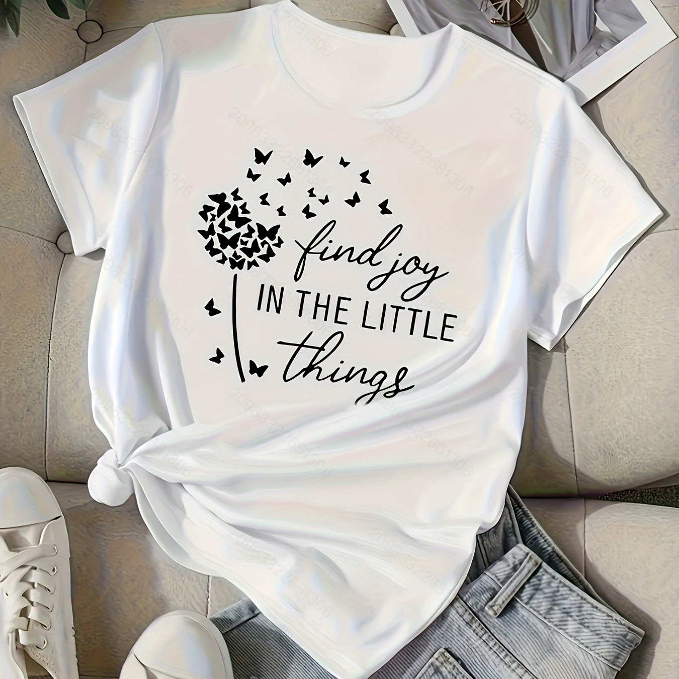 

Find Joy In The Little Things Print T-shirt, Casual Crew Neck Short Sleeve T-shirt For Spring & Summer, Women's Clothing