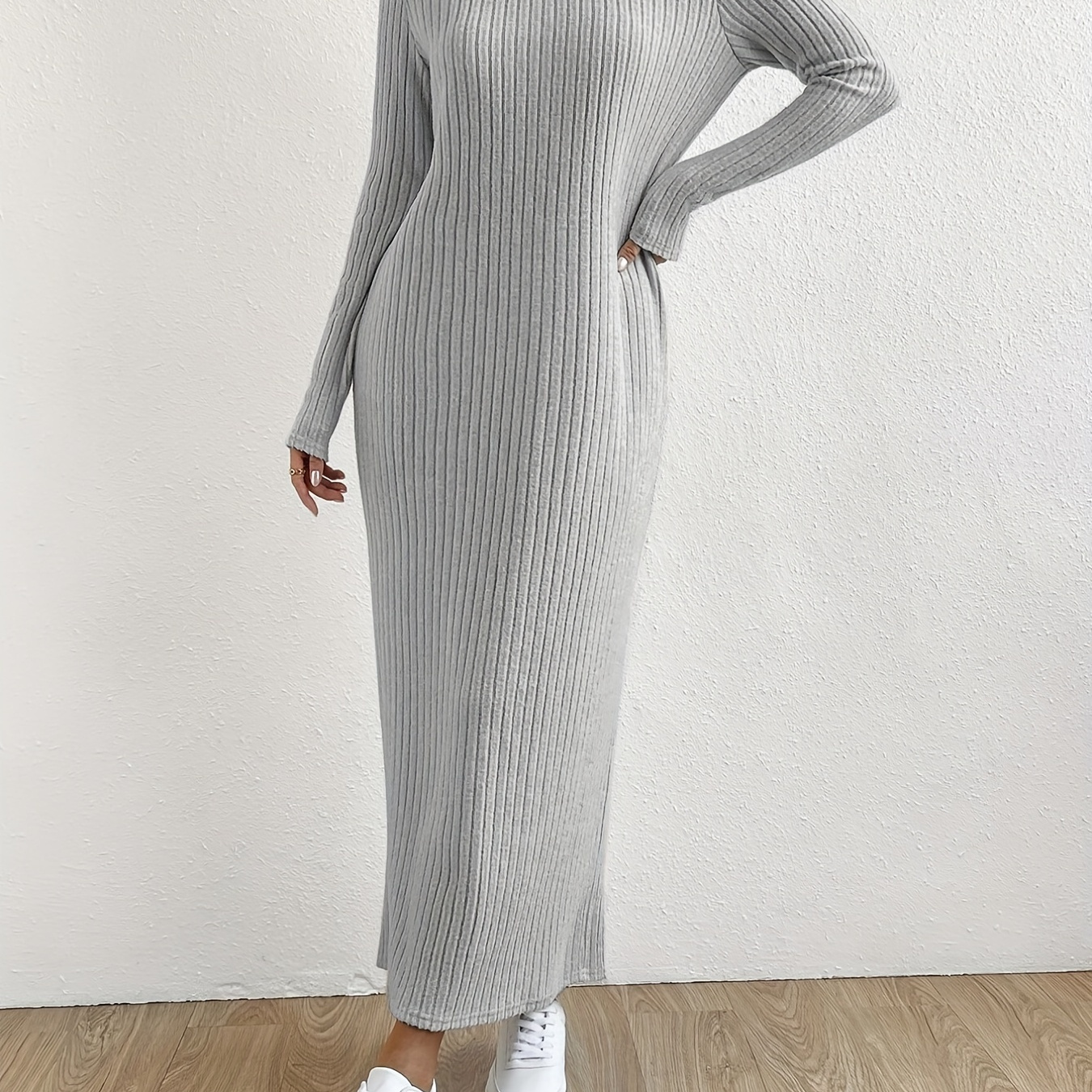 

Elegant Crew Neck Striped Knit T-shirt Dress - Polyester & Spandex Blend, Long Sleeve, Full Length Ribbed Knitwear For Spring/fall