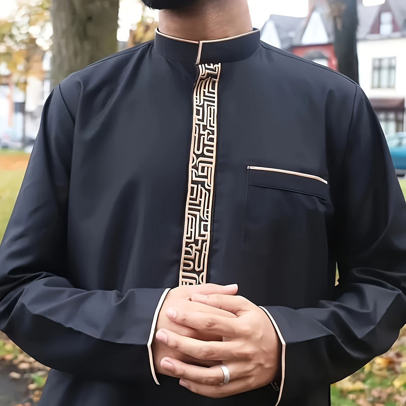 

1pc Men's Casual Long Sleeve Solid Color Stand Collar Thobe - 100% Polyester Non-stretch Woven Fabric, Loose , Eid Al-fitr & Eid Traditional Arab Robe