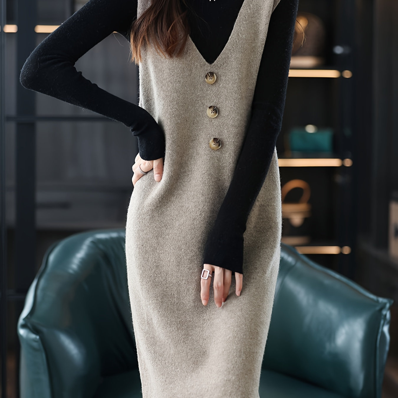 

Elegant Long Sweater Vest Dress For Women - Chic V-neck, Sleeveless Knit Dress With Decorative Buttons, Fall Fashion, Nylon & Viscose , Hand Or Only, Sweater Dress