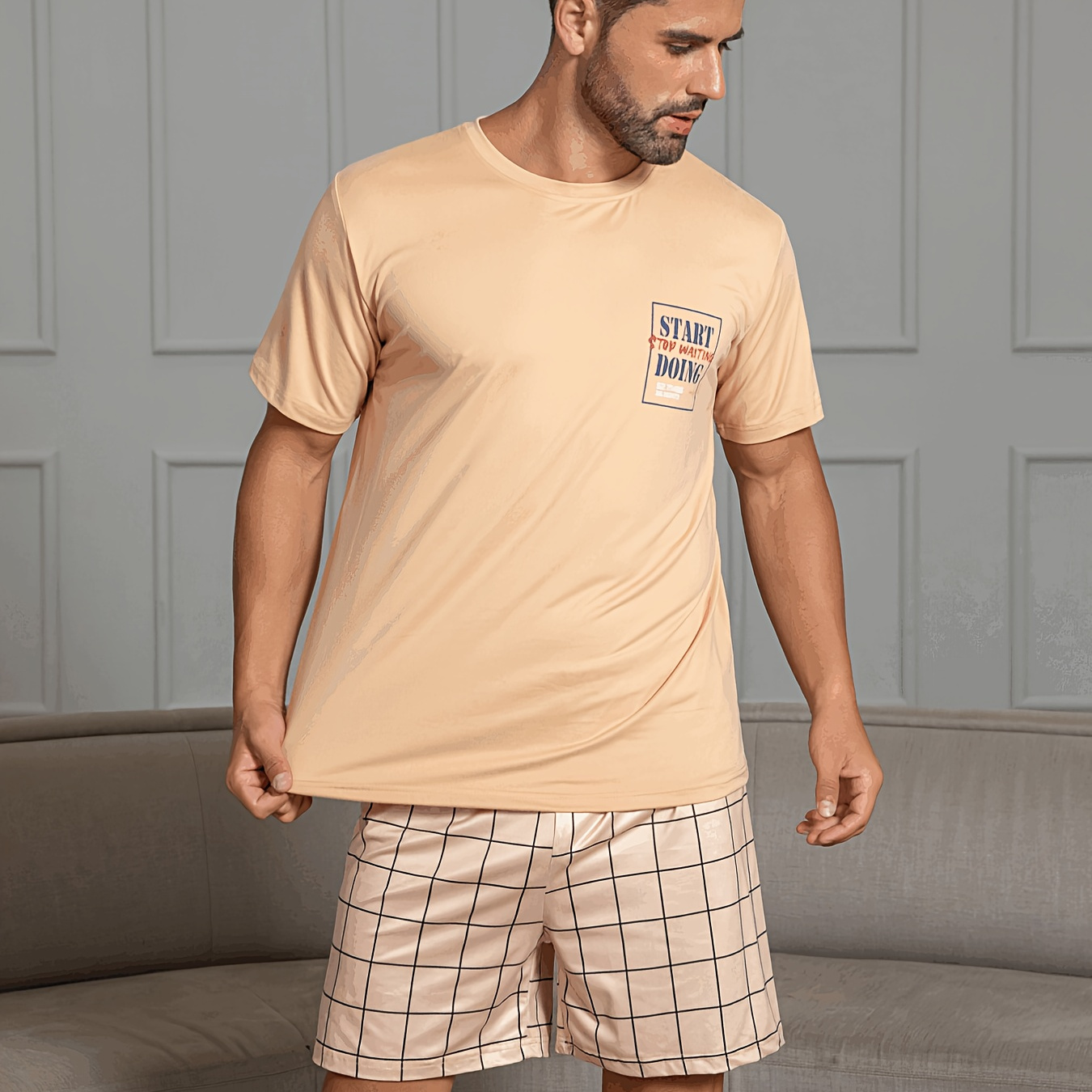 

Men's Summer Letter Print Short Sleeve & Plaid Shorts Pajama Set, Soft Comfort Casual Sleepwear & Lounge Wear Set, Indoor & Outdoor Wearing