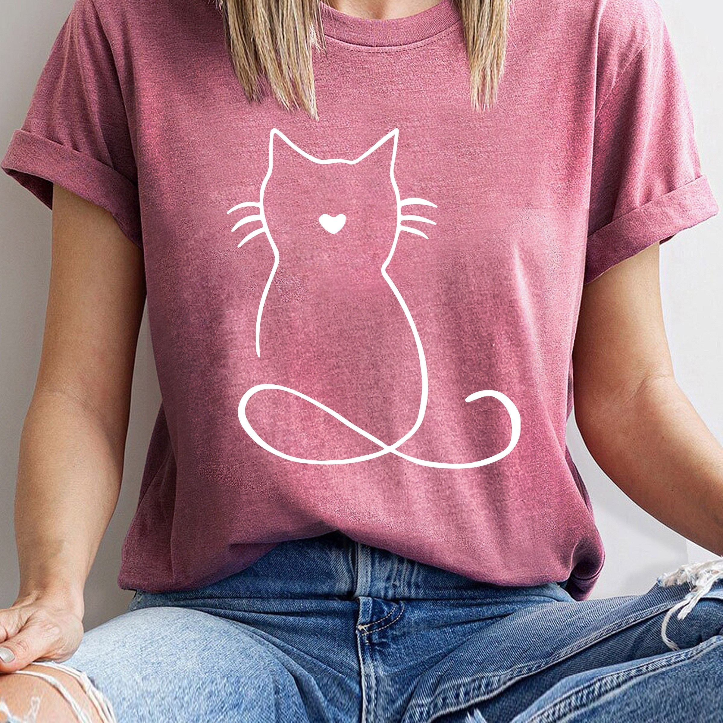 

Women's Casual Loose Sports Cat Print Graphic Crew Neck Short Sleeve T-shirt