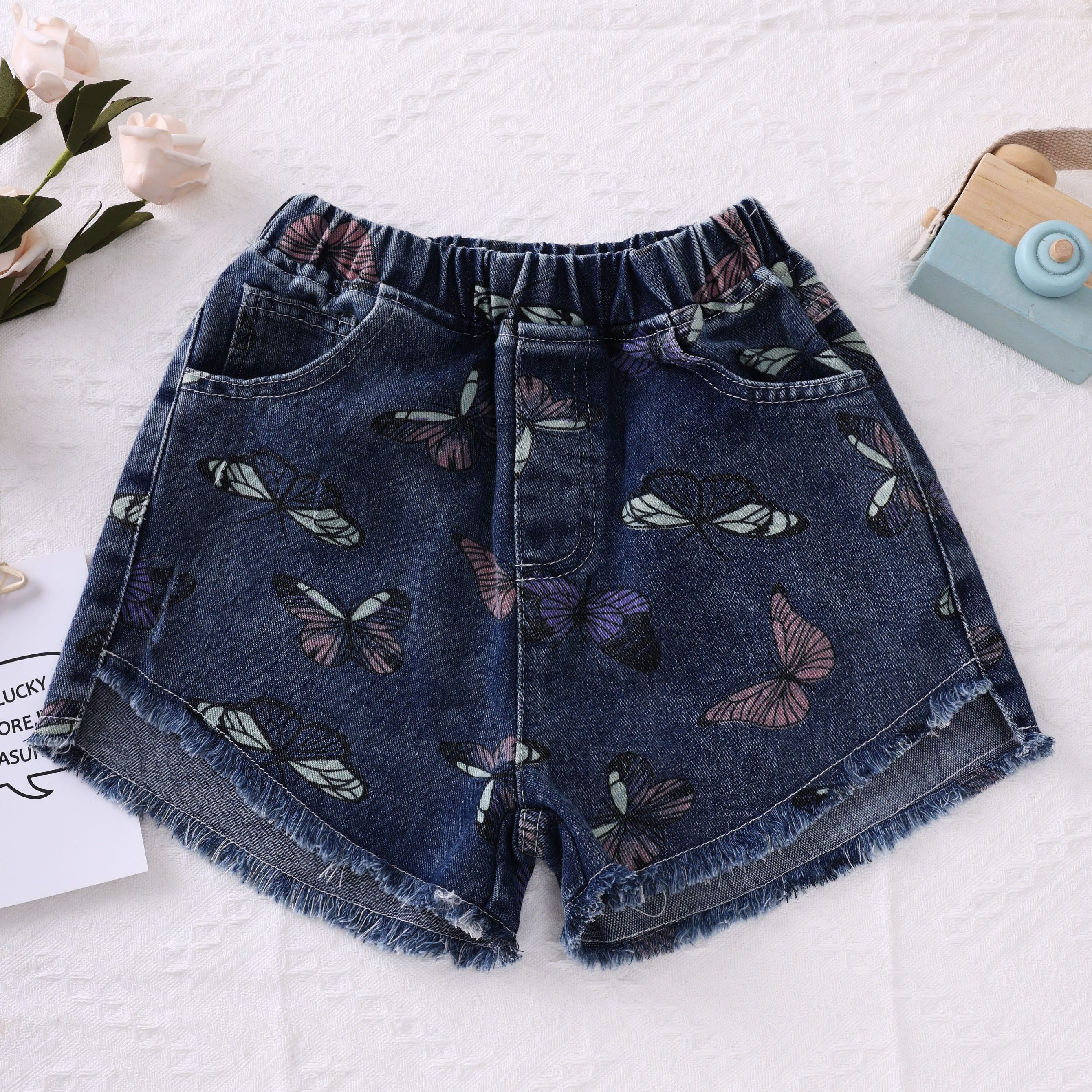 

Girls Butterfly Print Denim Shorts For Summer, Stylish Casual Jorts