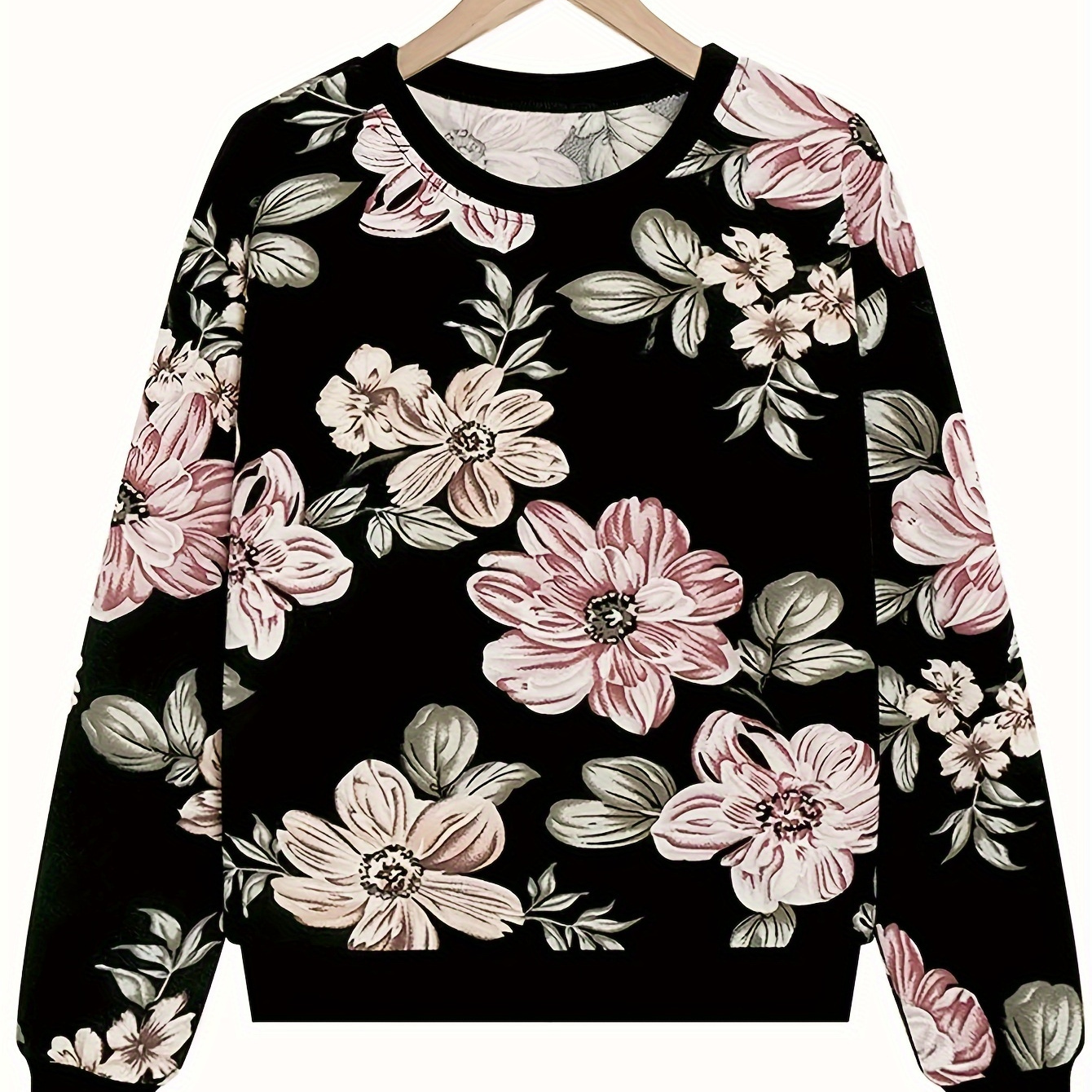 

1pc Women's Floral Print Pullover Sweatshirt, Casual Round Neck Long Sleeve Knitwear, Polyester With Spandex, Regular Fit, For Autumn/ Top