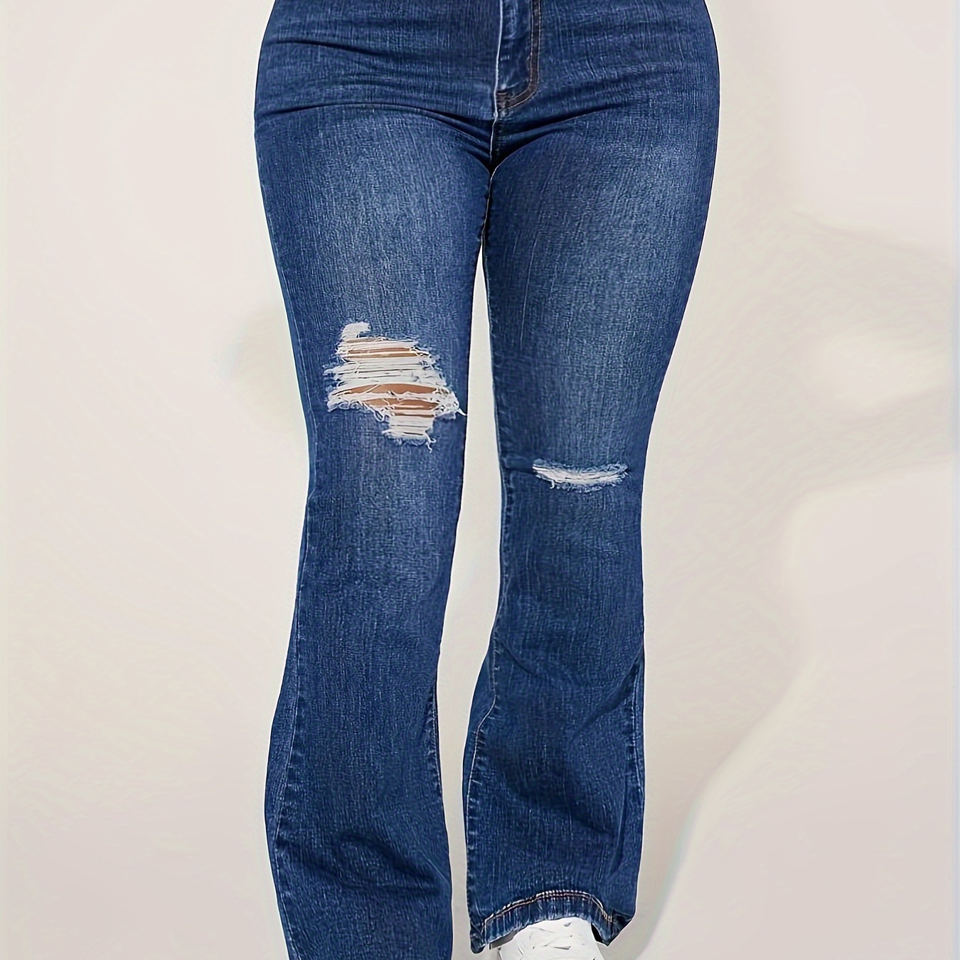 Plus Size Casual Jeans, Women's Plus Washed Ripped Button Fly High Stretch Flared Leg Jeans