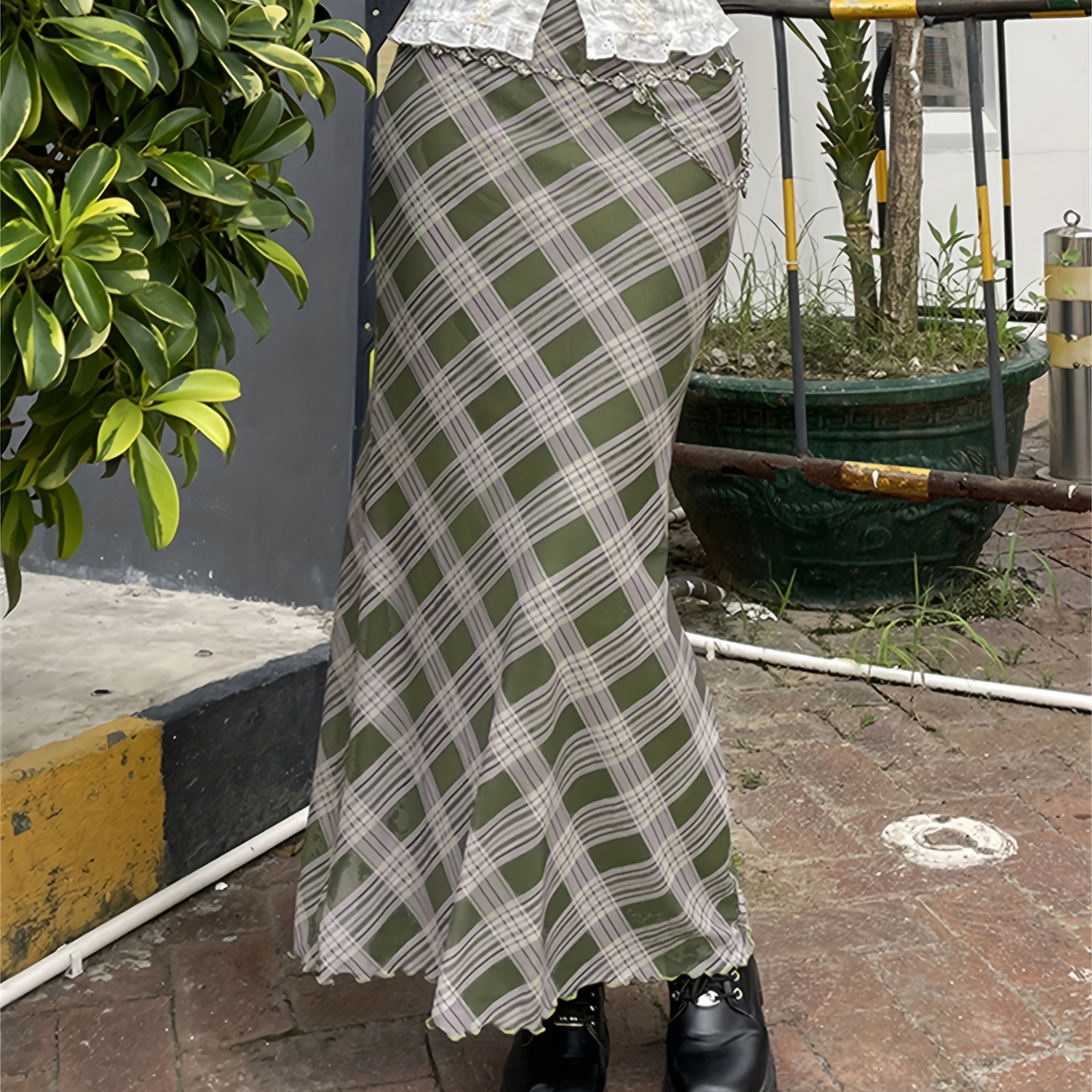 

Plaid Print Lettuce Trim Skirt, Vintage Bodycon Skirt For Spring & Fall, Women's Clothing