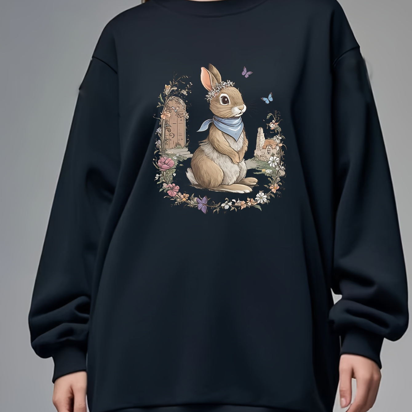 

Large Size Autumn And Winter Women's Comfortable Fleece Lined Hoodie Skirt, Fashionable Pattern Printed Round Neck Hoodie, Women's Clothing