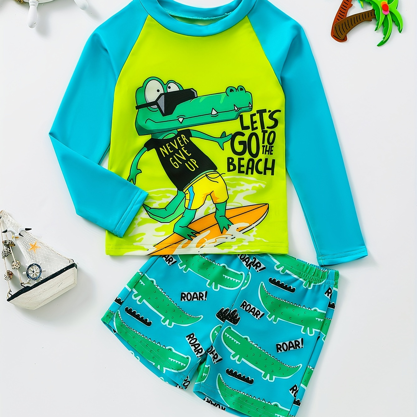 

2pcs Cartoon Crocodile Surfing Pattern Swimsuit For Boys, T-shirt & Swim Trunks Set, Stretchy Surfing Suit, Boys Swimwear For Summer Beach Vacation