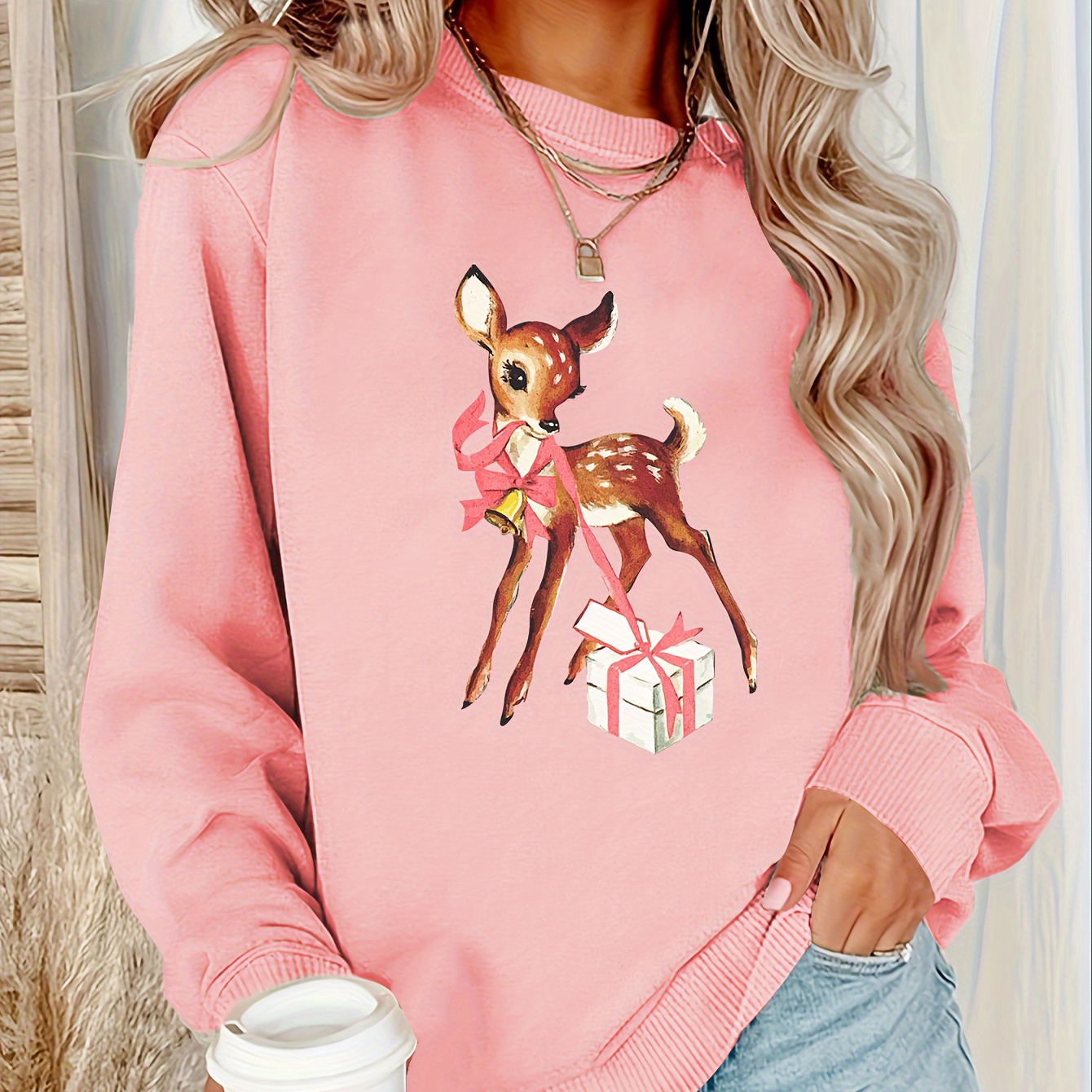 

Vintage Reindeer Christmas Print Sweatshirt, Crew Neck Casual Sweatshirt For Fall & Spring, Women's Clothing