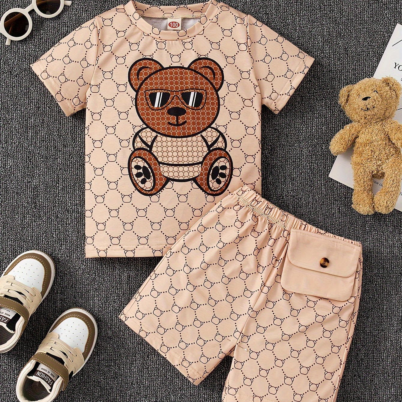 TEMU Cool Bear Graphic Print, Boys Casual Short Sleeve T-shirt & Waist Bag Decor Shorts, Boys Clothing For Summer, As Gifts