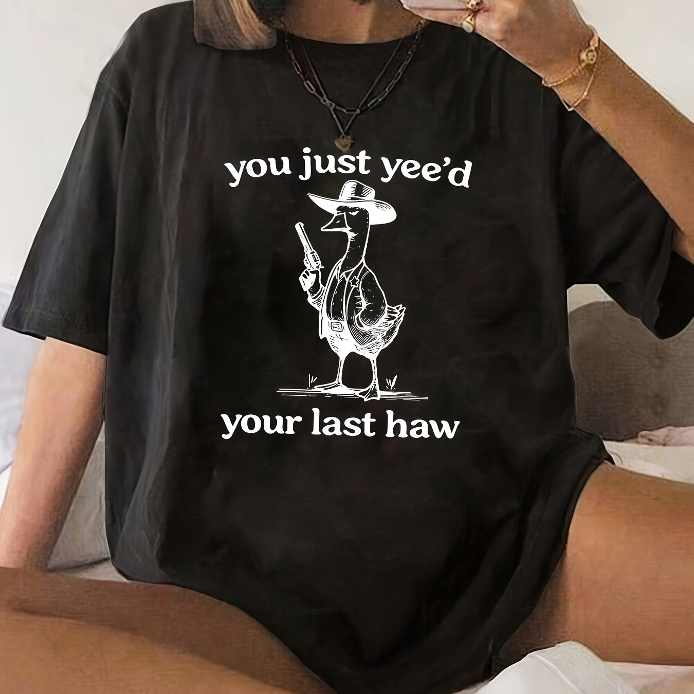 

Anime Graphic Crew Neck T-shirt - Casual Polyester Spandex Short Sleeve Tee, Regular Length Knit Fabric For All - "you Just Yee'd Your Last Haw" Print