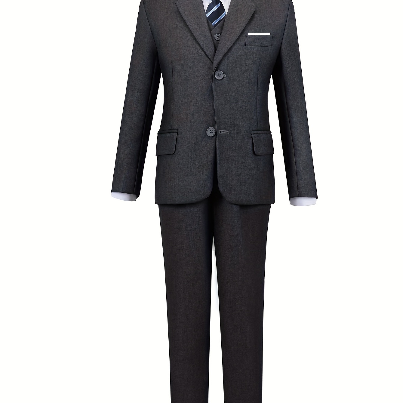 

Boys' Dark Gray Suit 5 Piece Suit Vest Shirt Pants Navy Blue Striped Tie