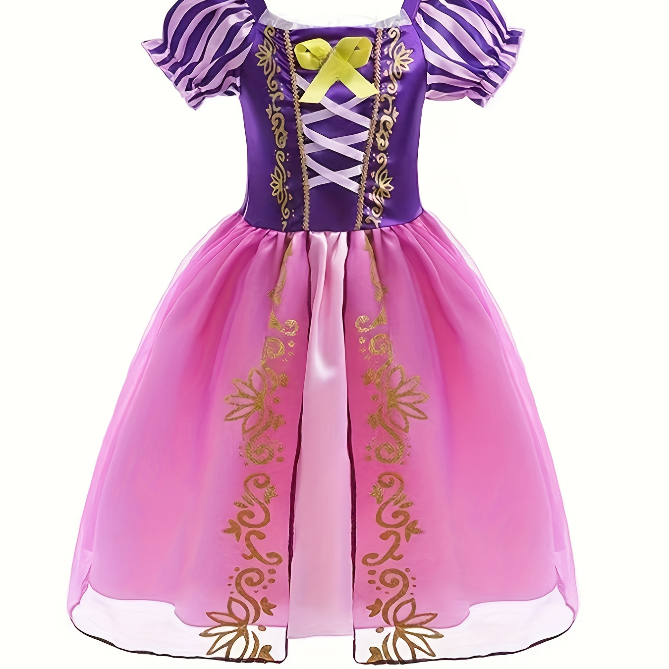 

Long-hair Princess Dress For Girls, Contrast Color Splicing Bubble Sleeve A-line Dressed-up Party Dresses