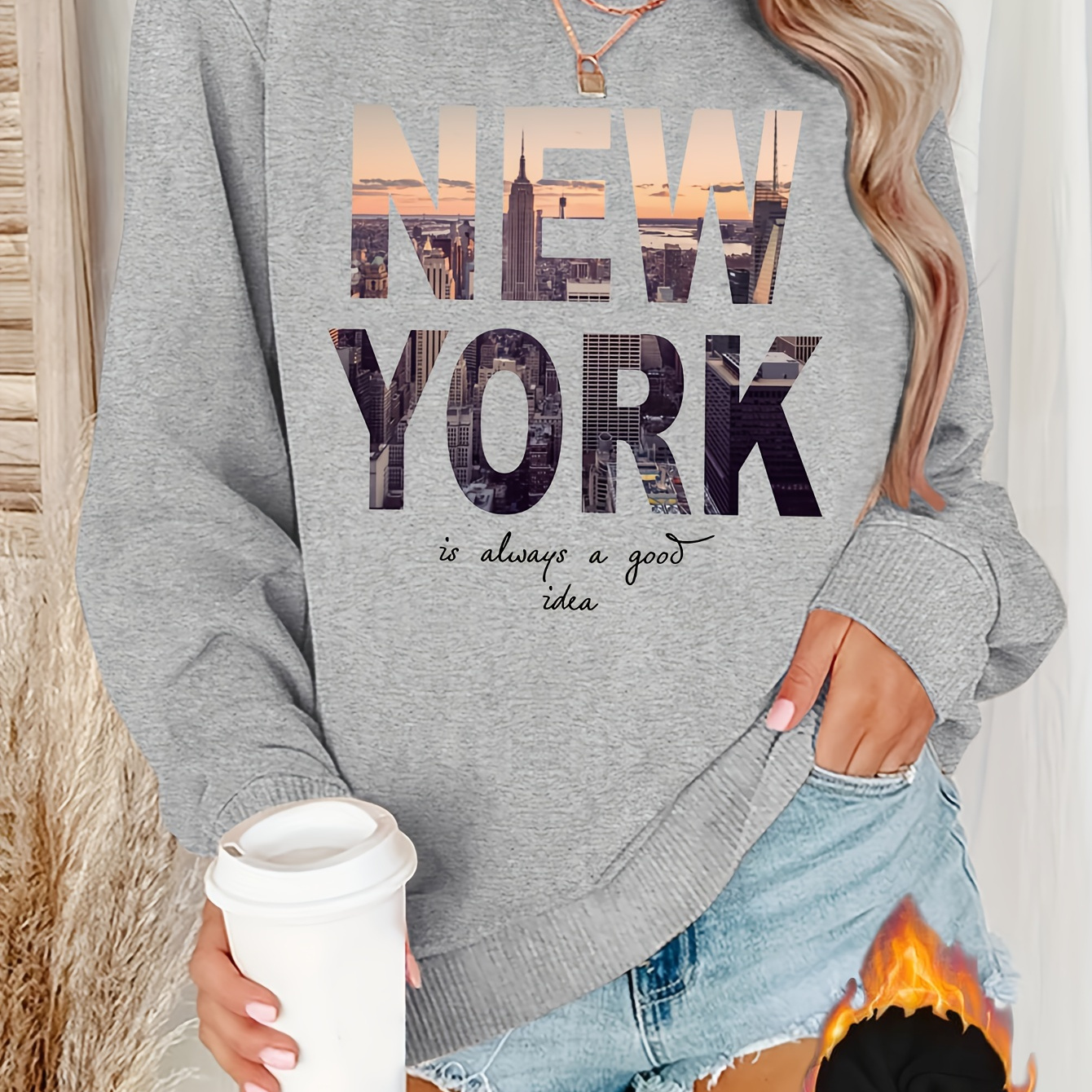 

Sweat-shirt imprimé New York, sweat-shirt décontracté à col rond pour l'hiver et l'automne, vêtements pour femmes