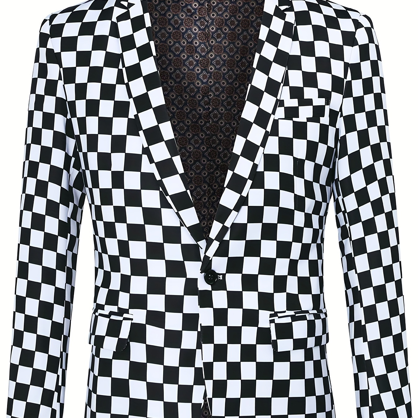 Checkerboard Pattern One Button Tweed Blazer, Men's Casual Flap Pocket Lapel Sports Coat For Business Banquet Party Dinner