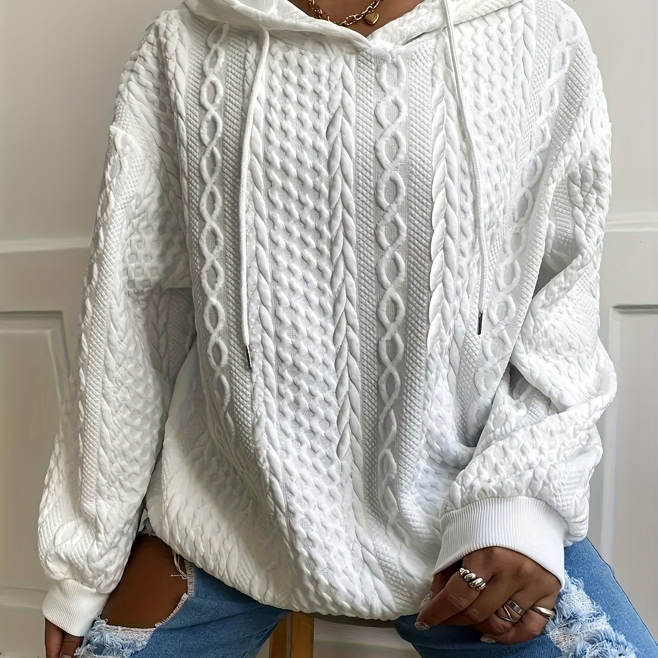 

Solid Textured Drawstring Hoodies, Casual Long Sleeve Versatile Sweatshirt, Women's Clothing