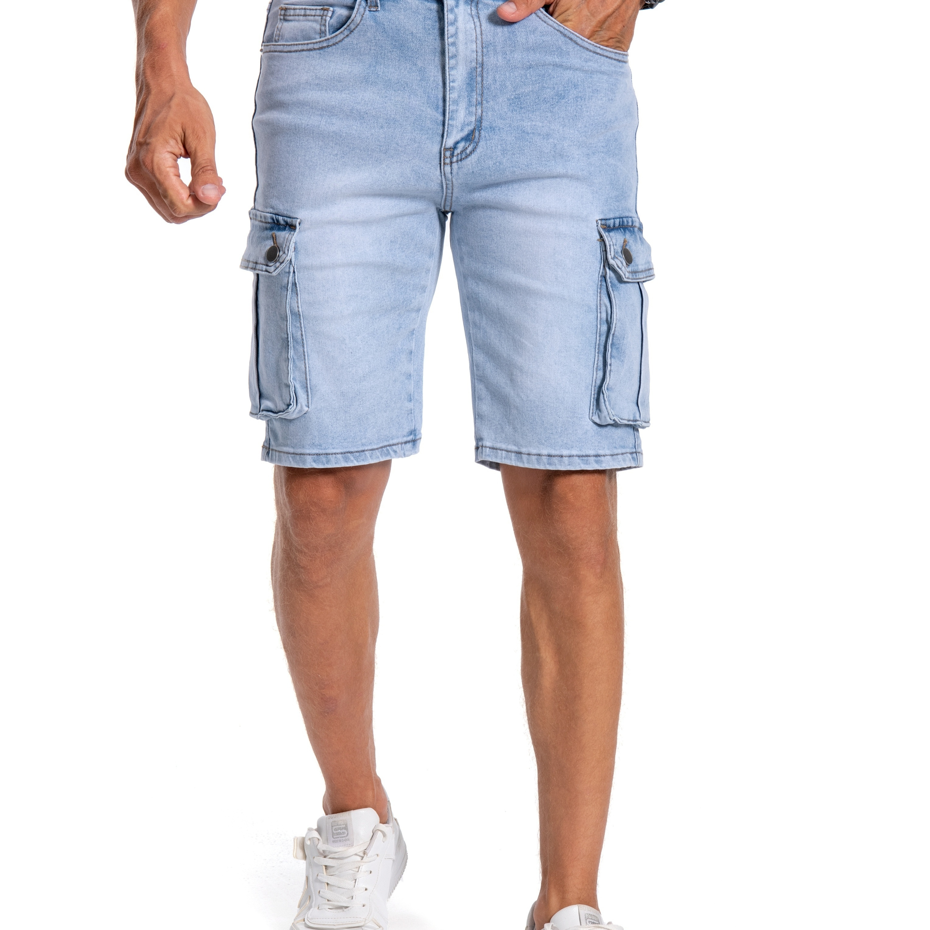 Multi Pocket Denim Shorts, Men's Casual Medium Stretch Street Style Distressed Denim Shorts For Summer